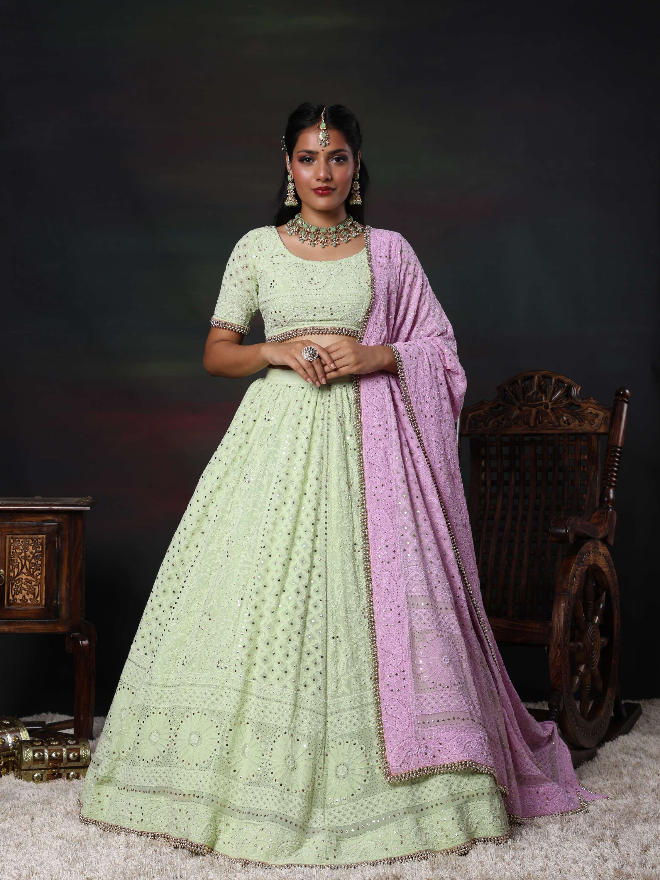 Bhanvi Bharadwaj Lavender & Mint Handcrafted Chikankari Mukaish Lehnga Set