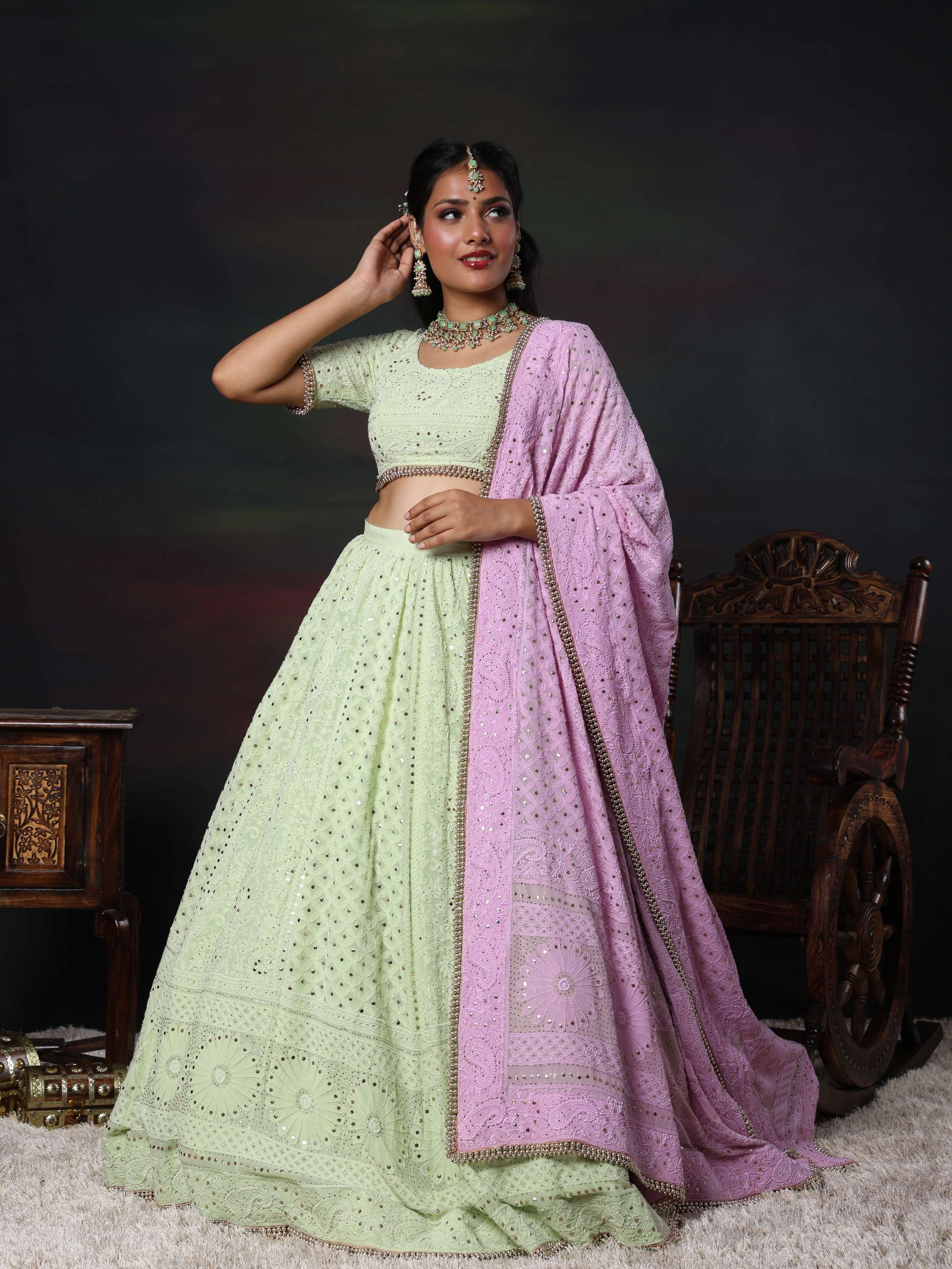 Bhanvi Bharadwaj Lavender & Mint Handcrafted Chikankari Mukaish Lehnga Set