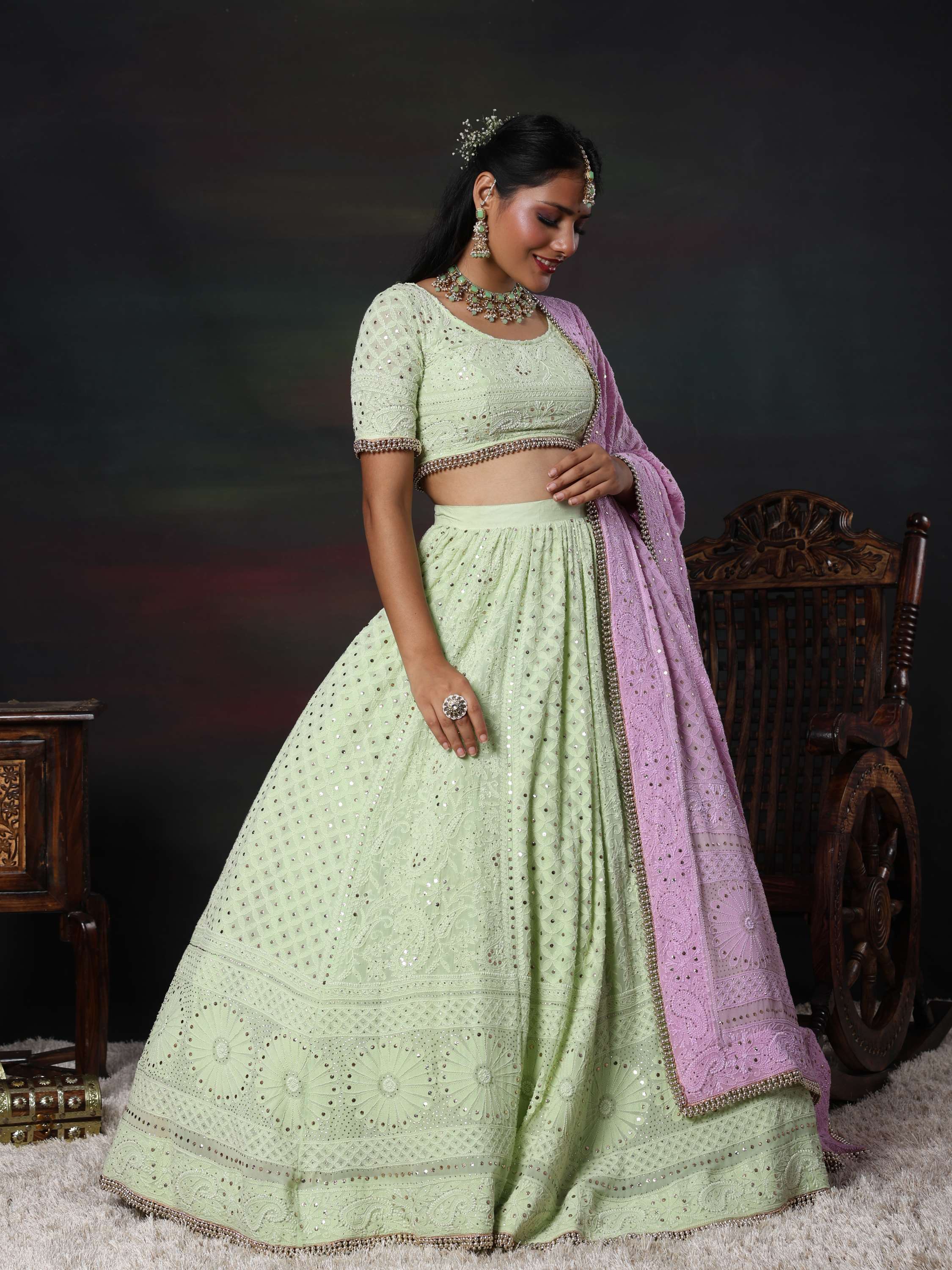 Bhanvi Bharadwaj Lavender & Mint Handcrafted Chikankari Mukaish Lehnga Set