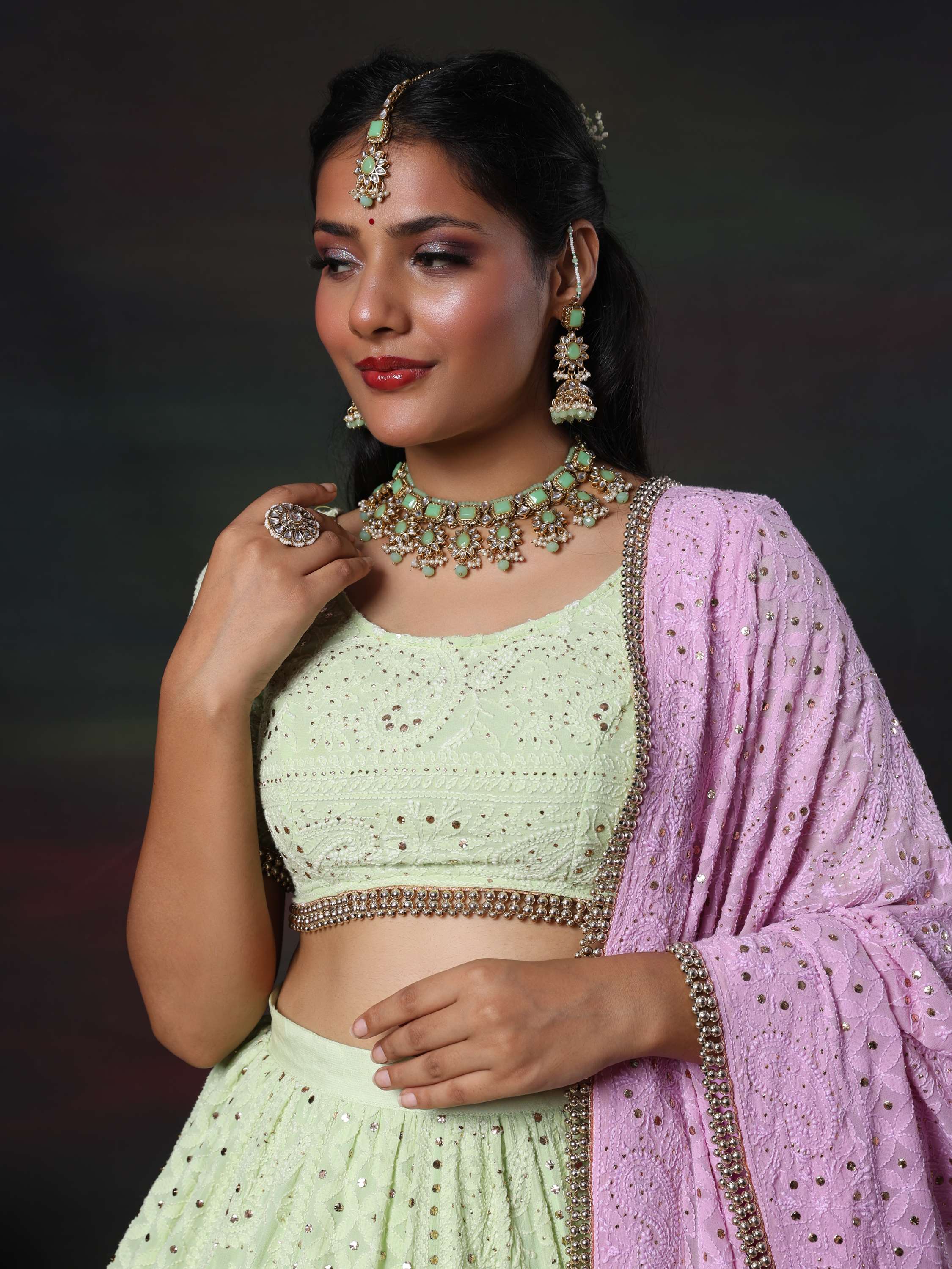 Bhanvi Bharadwaj Lavender & Mint Handcrafted Chikankari Mukaish Lehnga Set