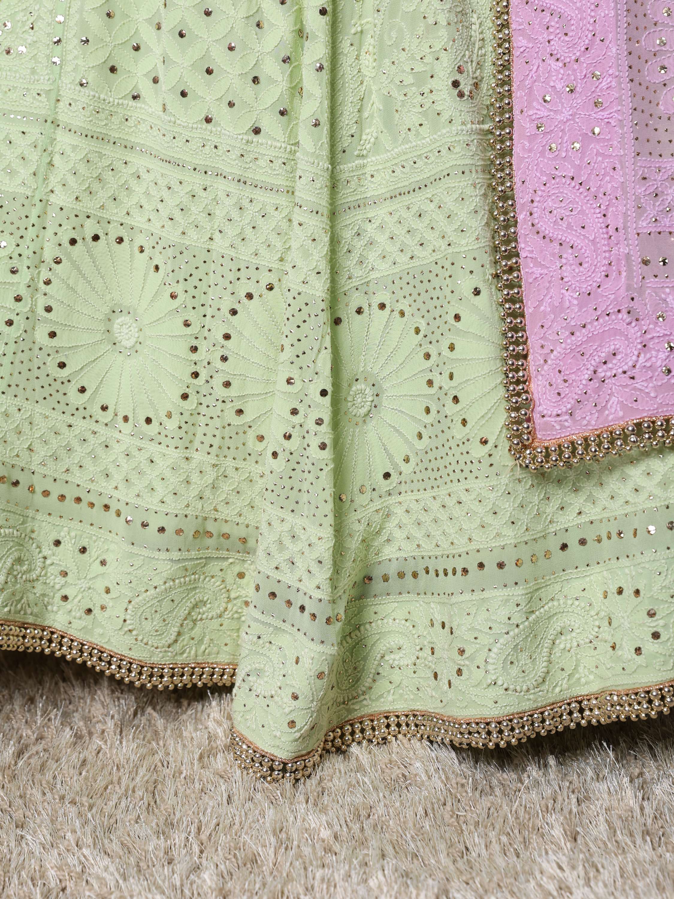Bhanvi Bharadwaj Lavender & Mint Handcrafted Chikankari Mukaish Lehnga Set