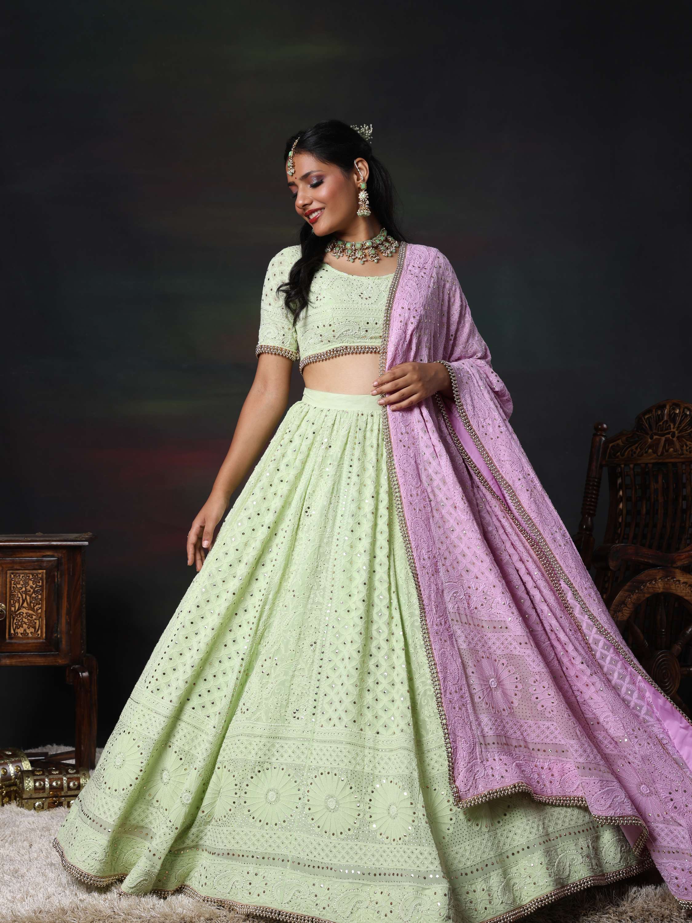 Bhanvi Bharadwaj Lavender & Mint Handcrafted Chikankari Mukaish Lehnga Set