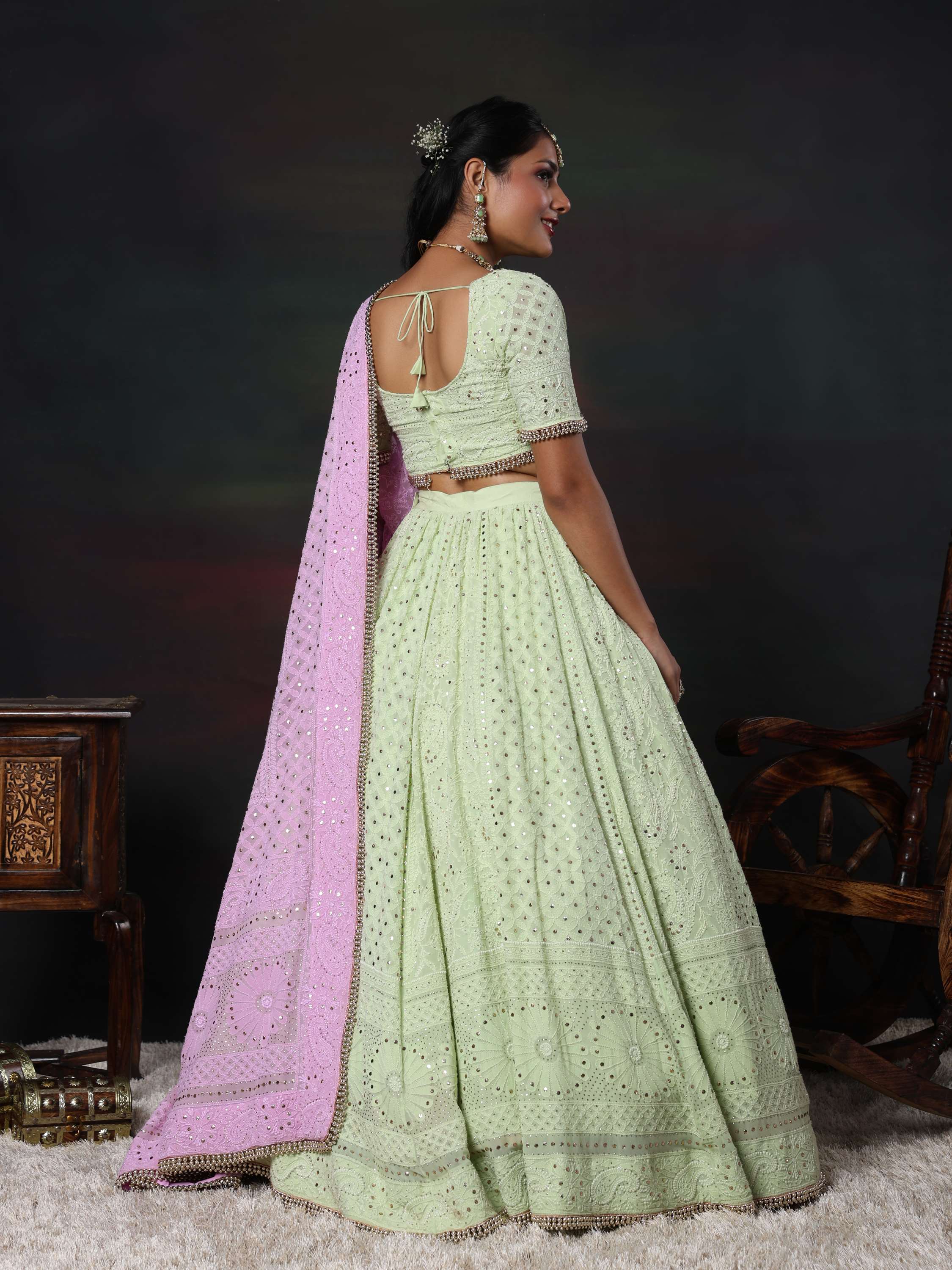 Bhanvi Bharadwaj Lavender & Mint Handcrafted Chikankari Mukaish Lehnga Set