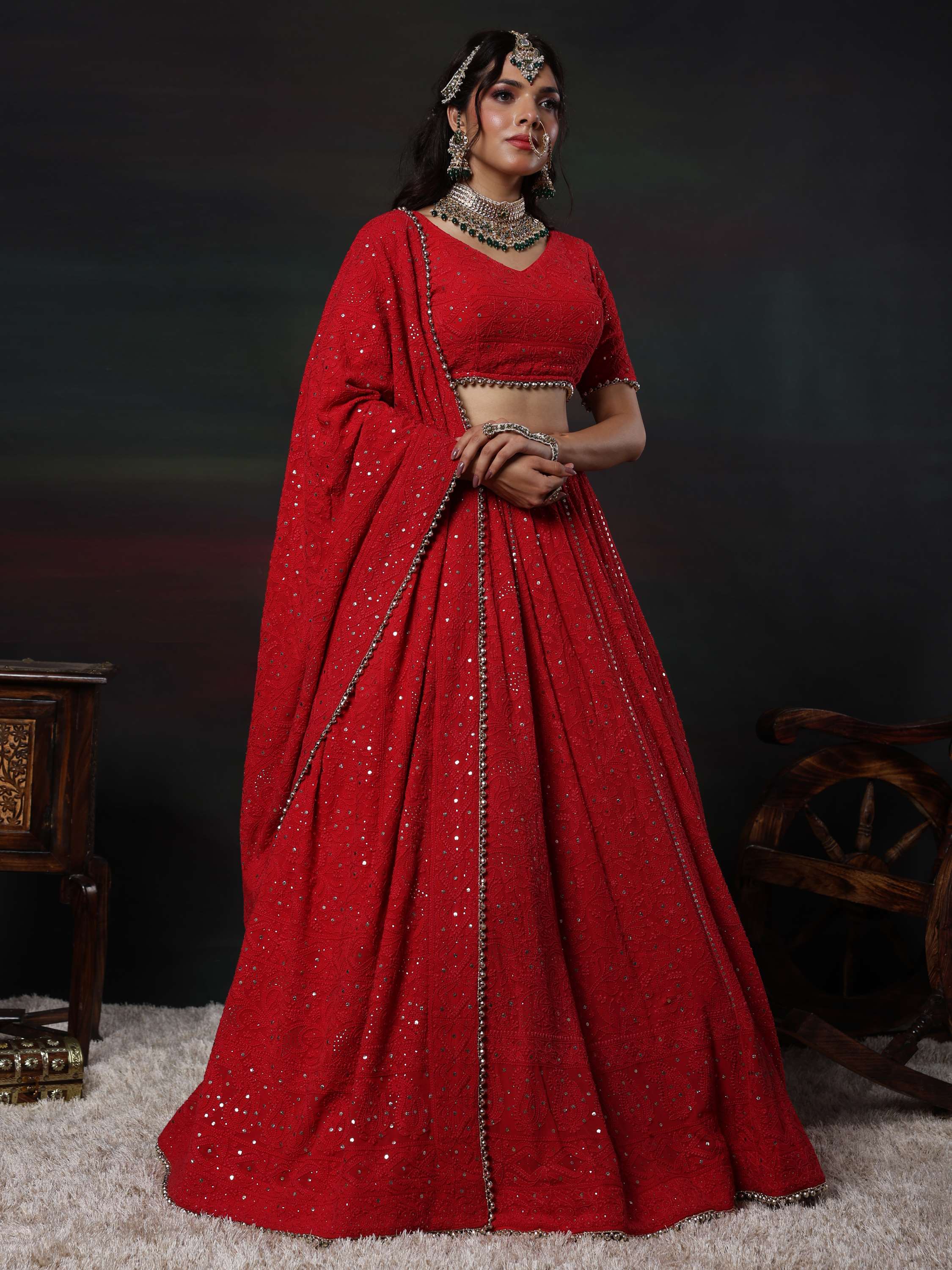 Crimson Red Handcrafted Chikankari Mukaish Lehenga Set