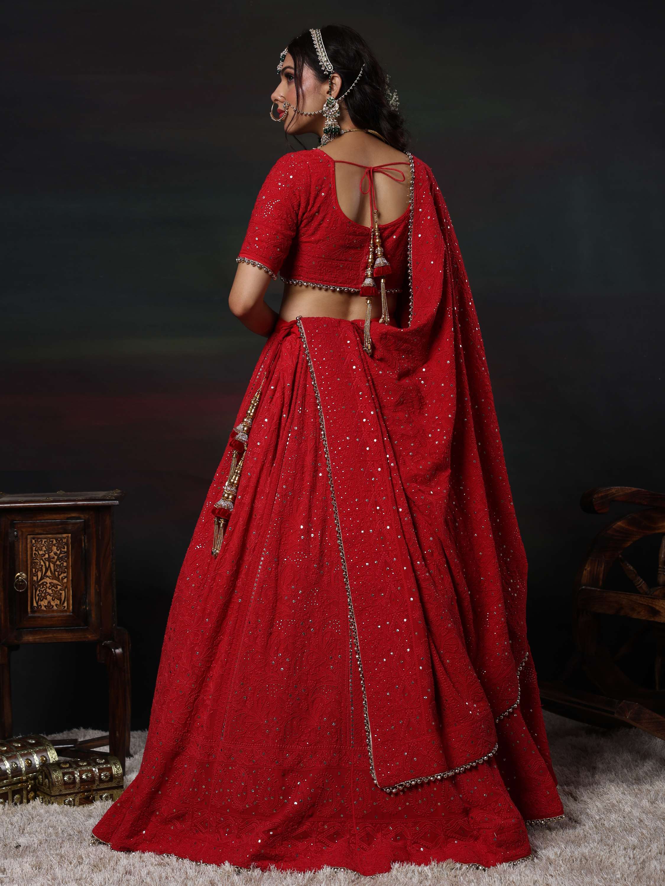 Crimson Red Handcrafted Chikankari Mukaish Lehenga Set