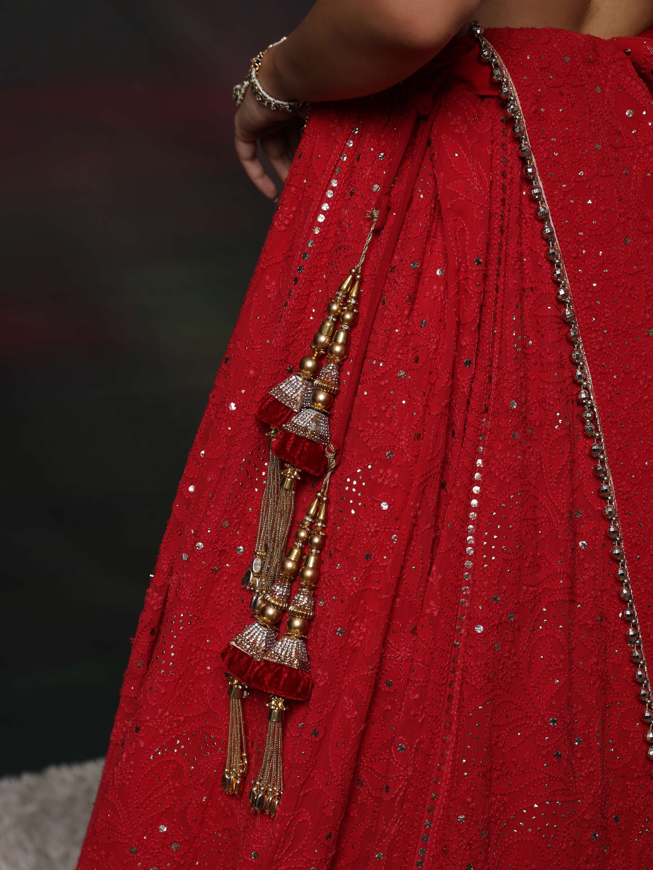 Crimson Red Handcrafted Chikankari Mukaish Lehenga Set
