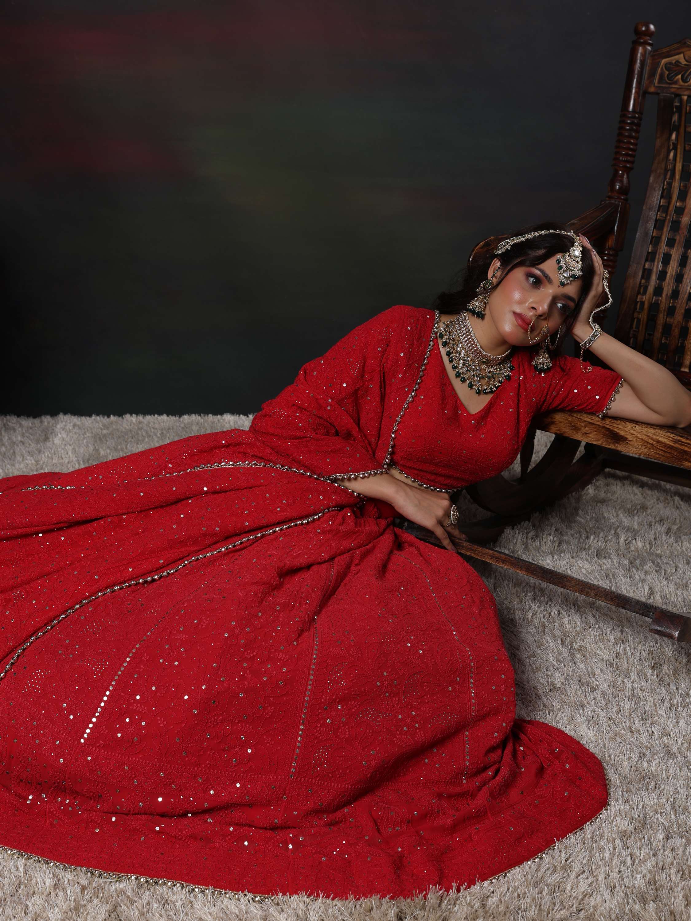 Crimson Red Handcrafted Chikankari Mukaish Lehenga Set