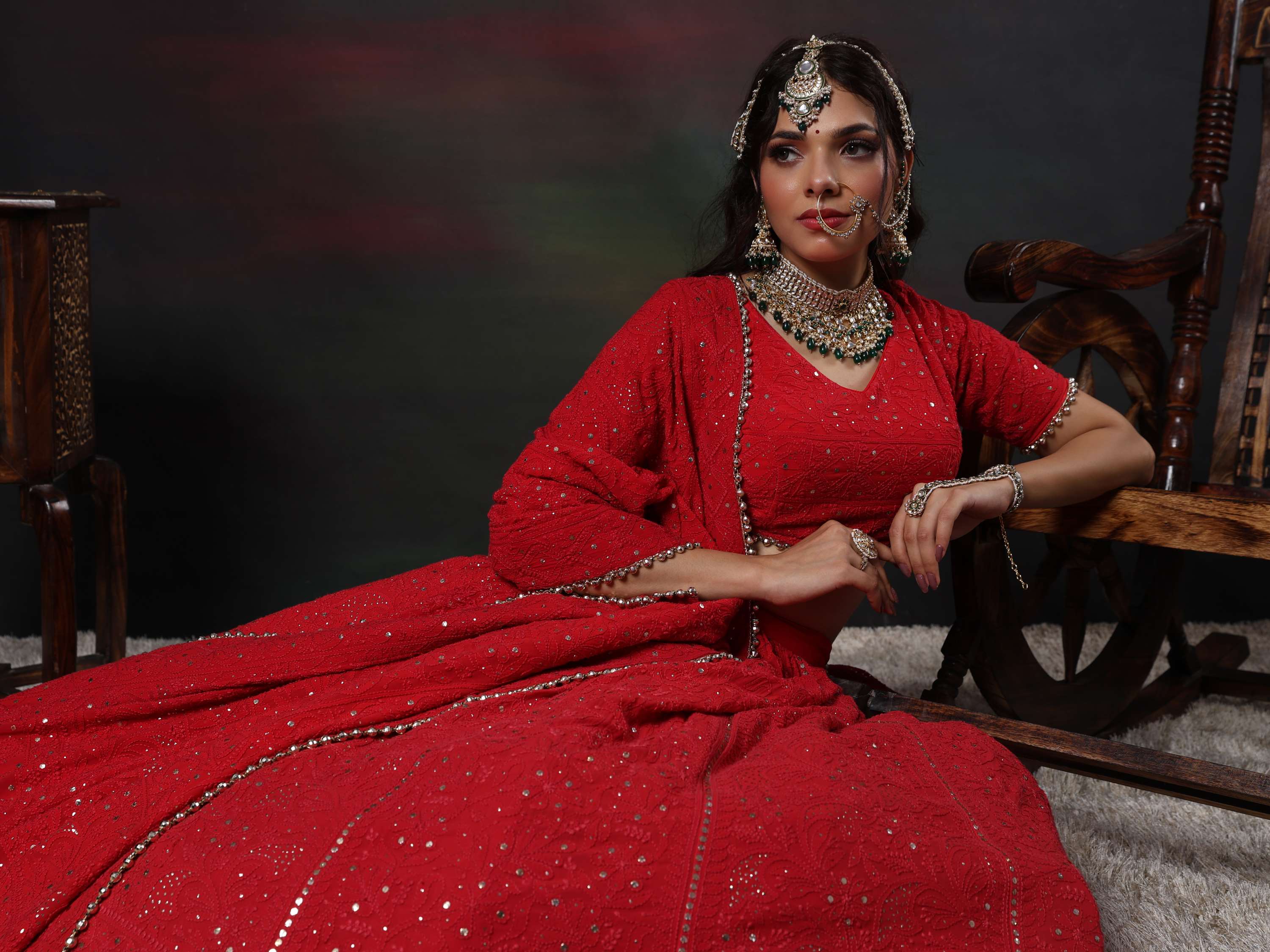 Crimson Red Handcrafted Chikankari Mukaish Lehenga Set