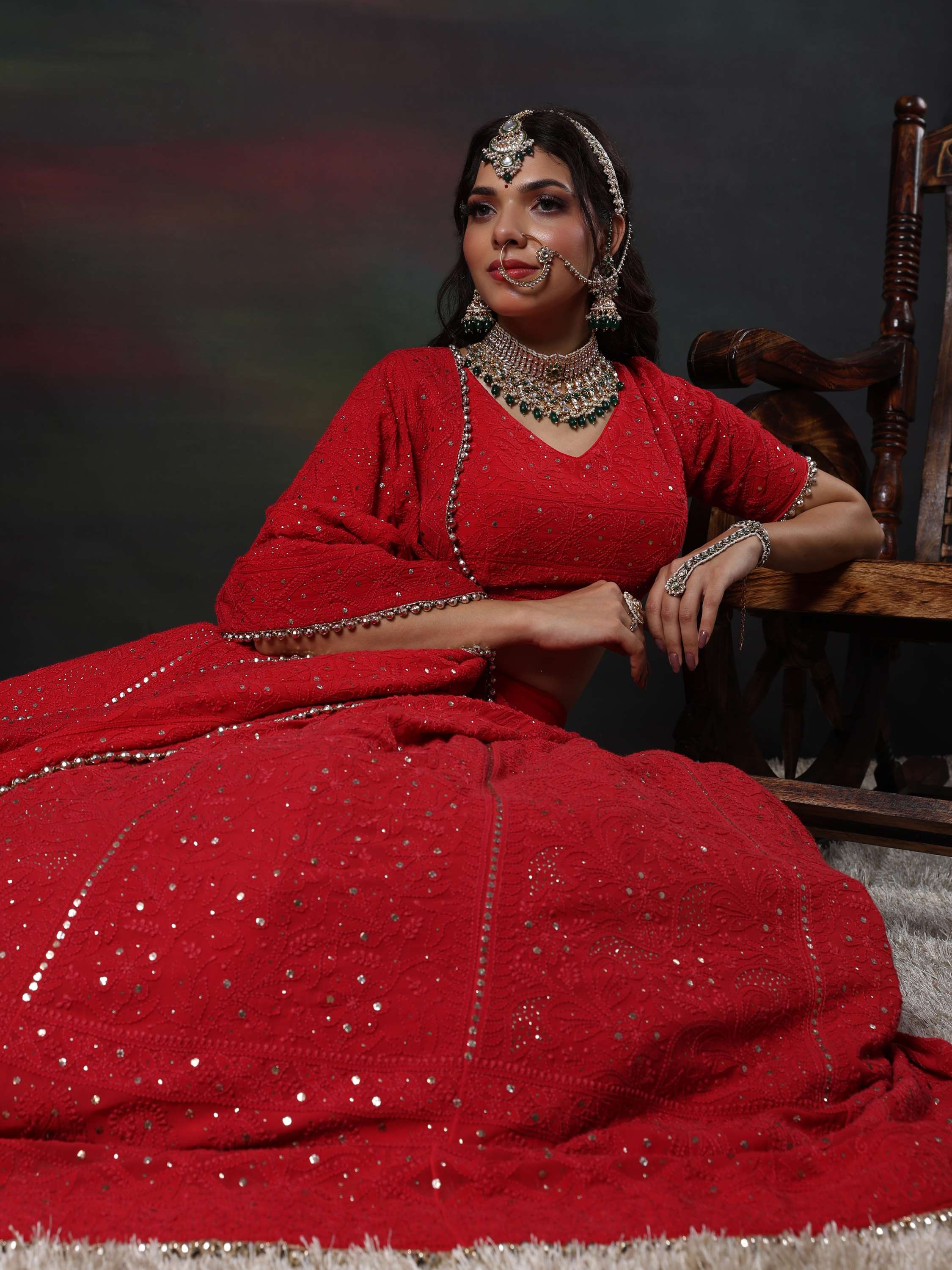 Crimson Red Handcrafted Chikankari Mukaish Lehenga Set