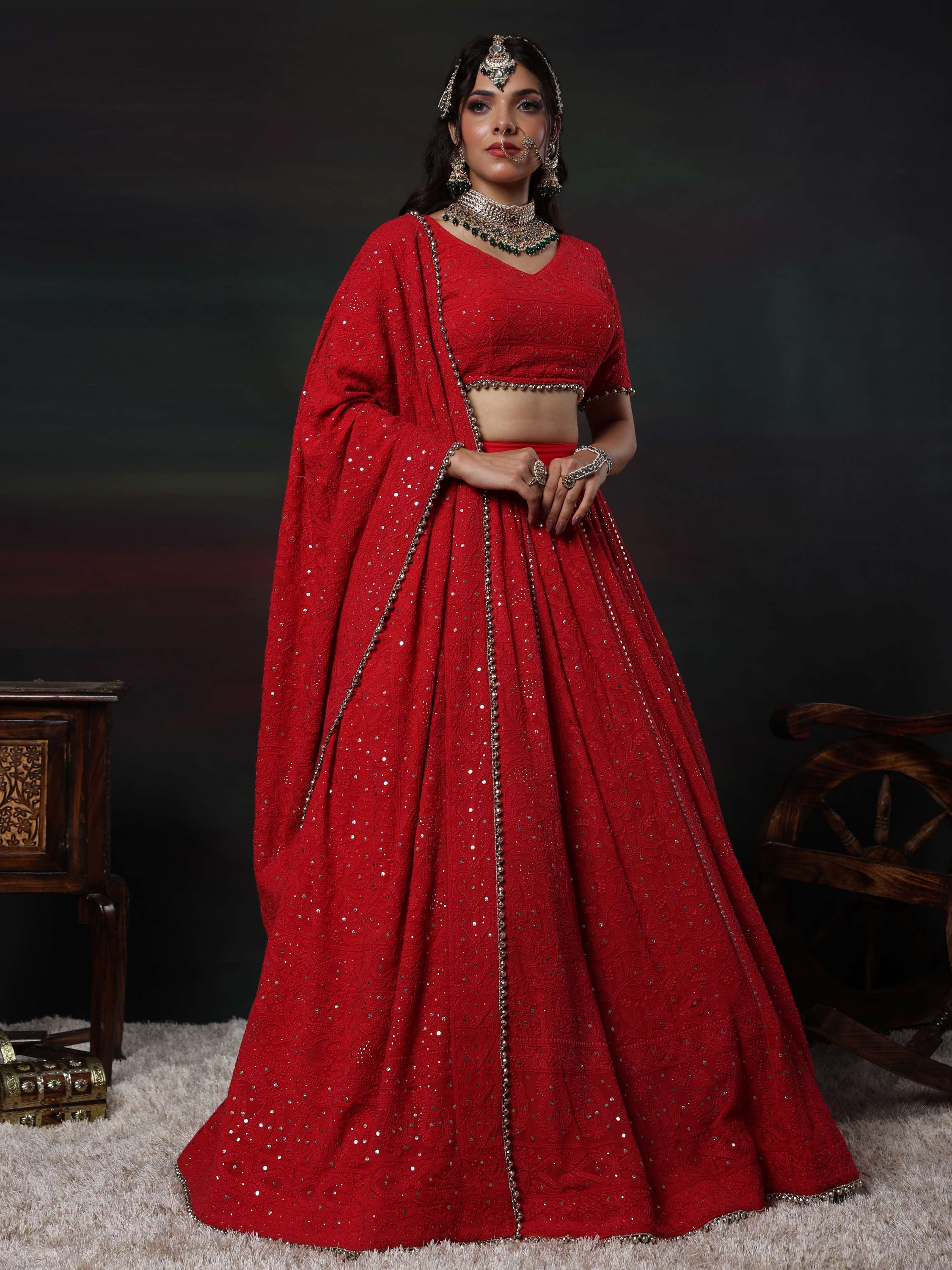 Crimson Red Handcrafted Chikankari Mukaish Lehenga Set