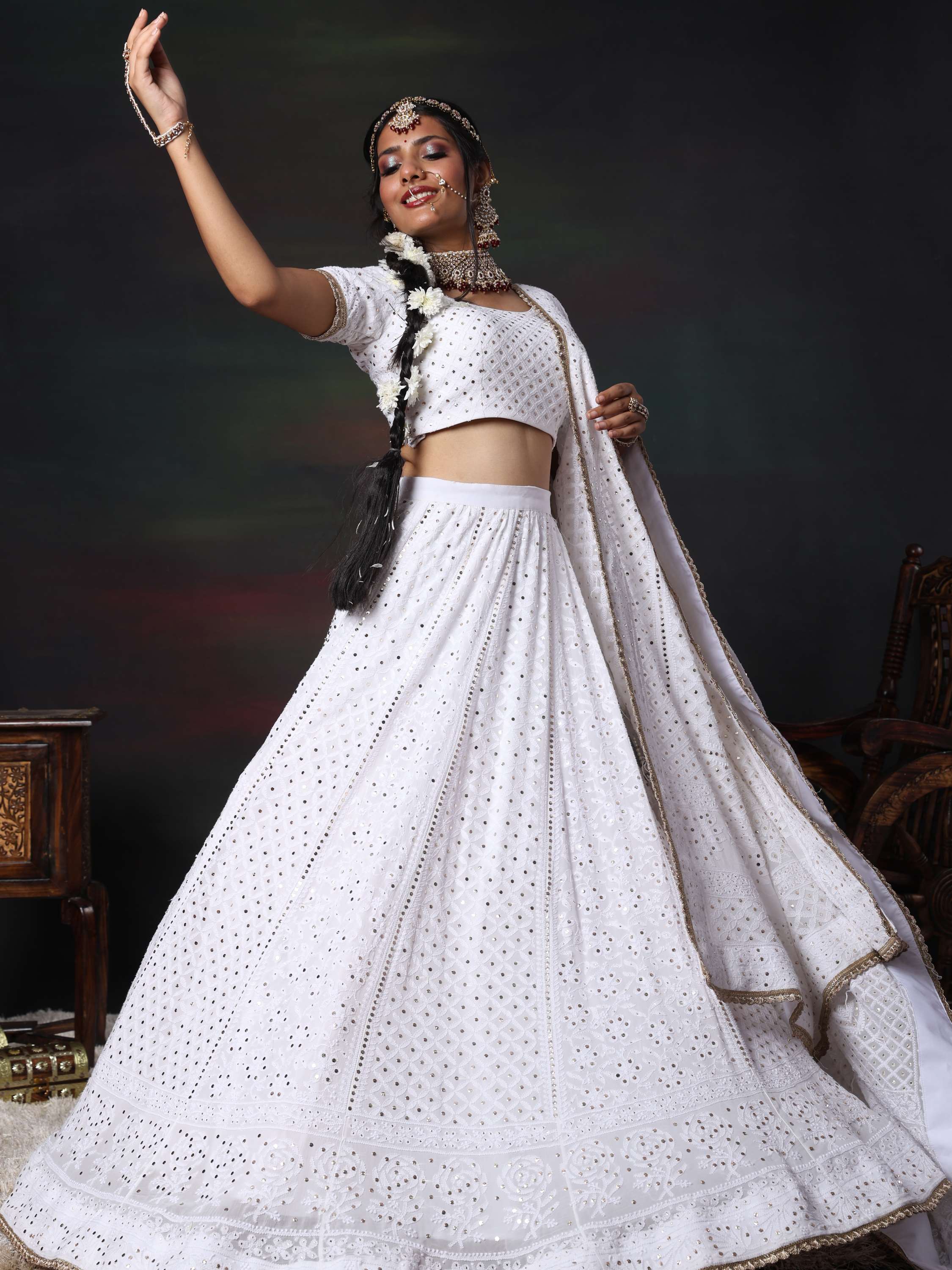 White Mukaish & Kamdani Chikankari Lehenga Set