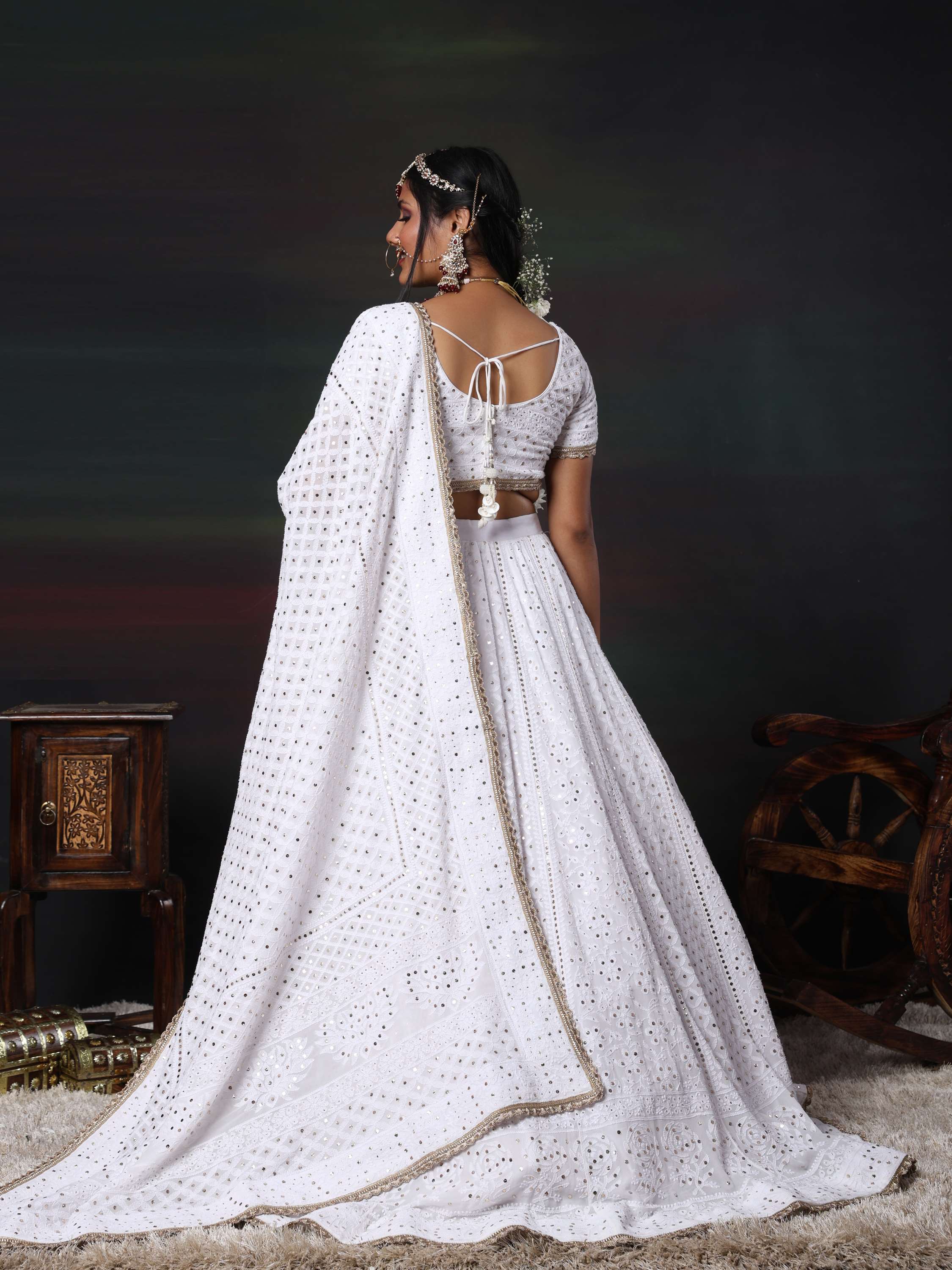 White Mukaish & Kamdani Chikankari Lehenga Set