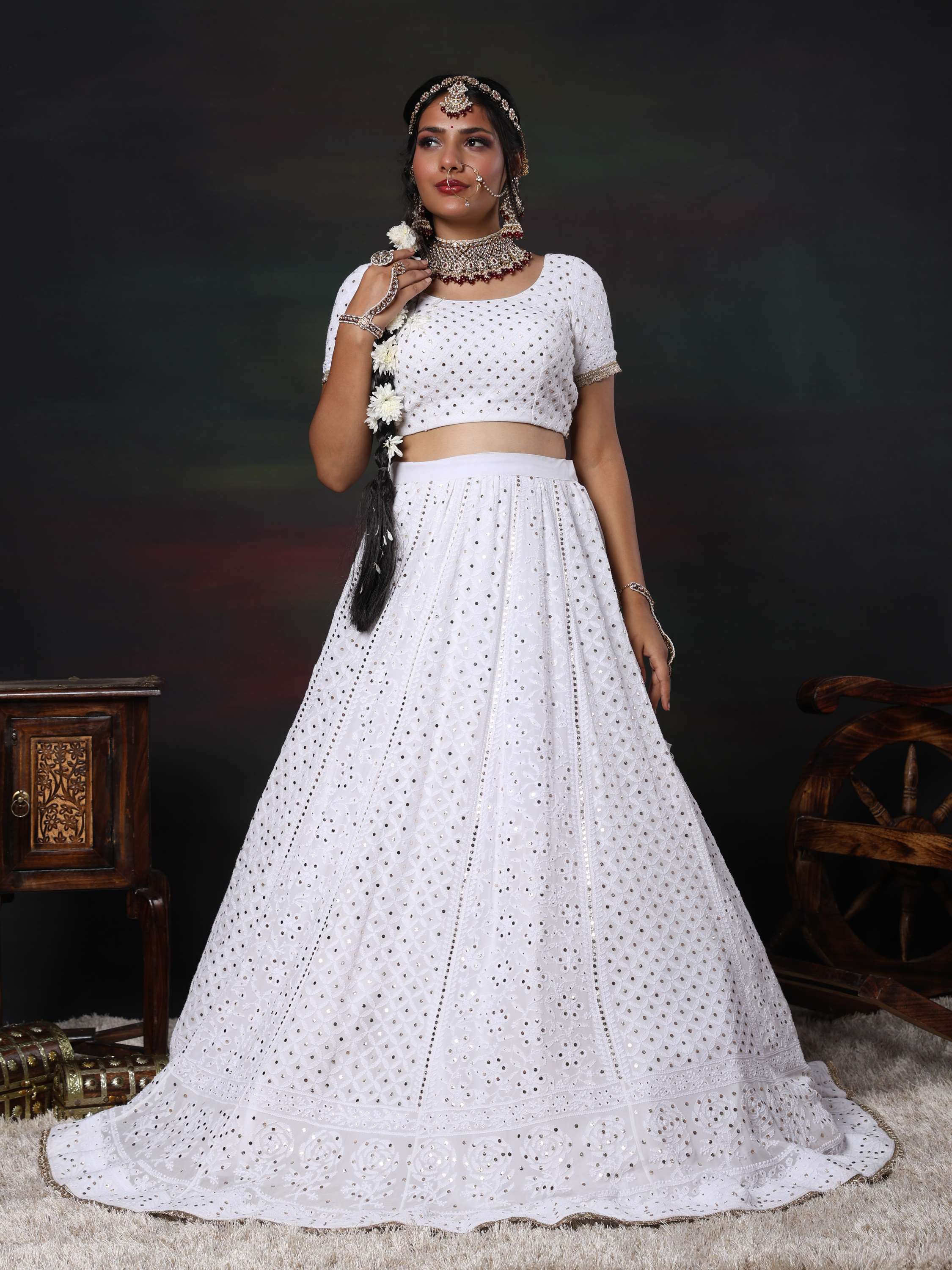 White Mukaish & Kamdani Chikankari Lehenga Set