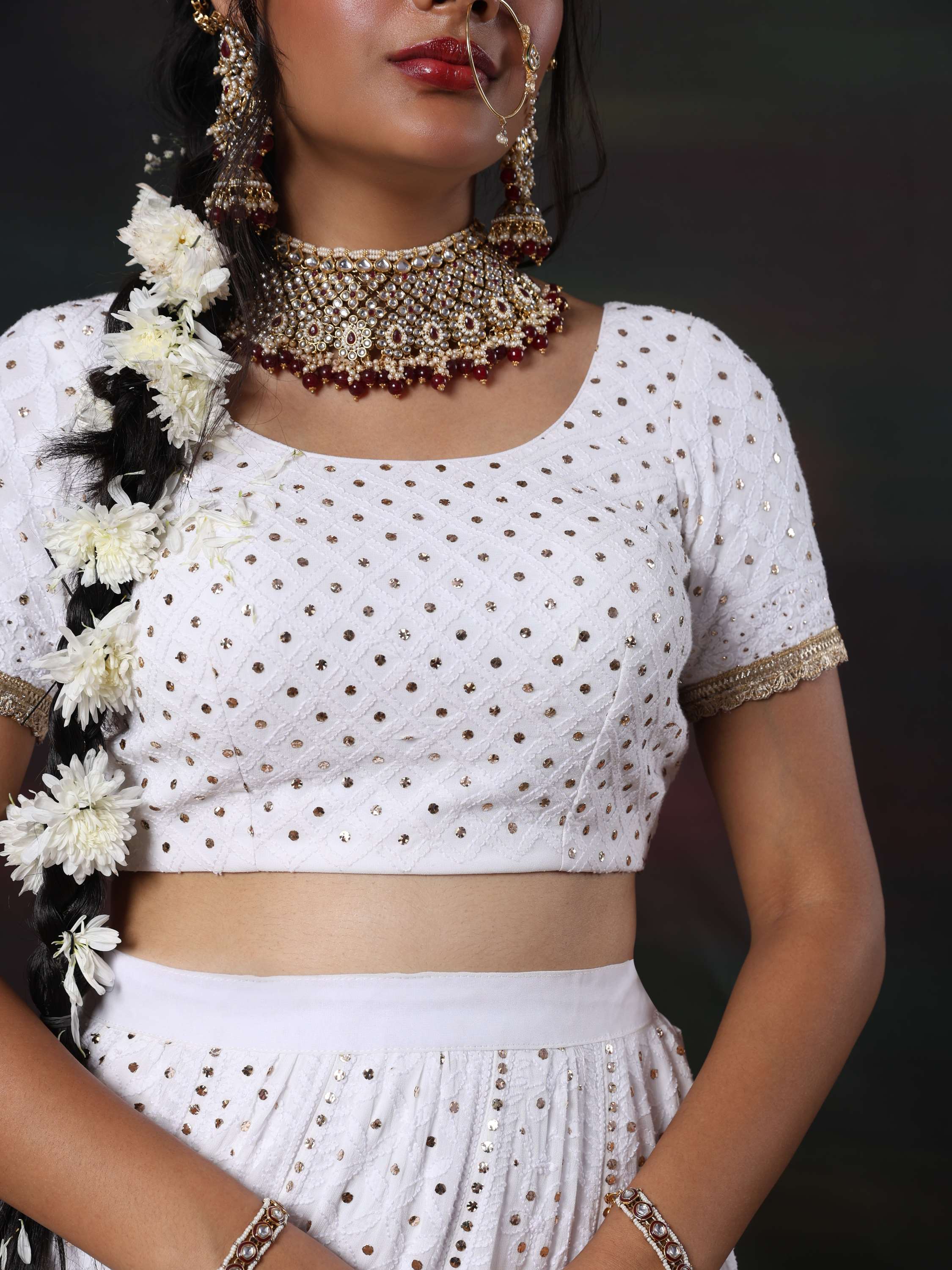 White Mukaish & Kamdani Chikankari Lehenga Set