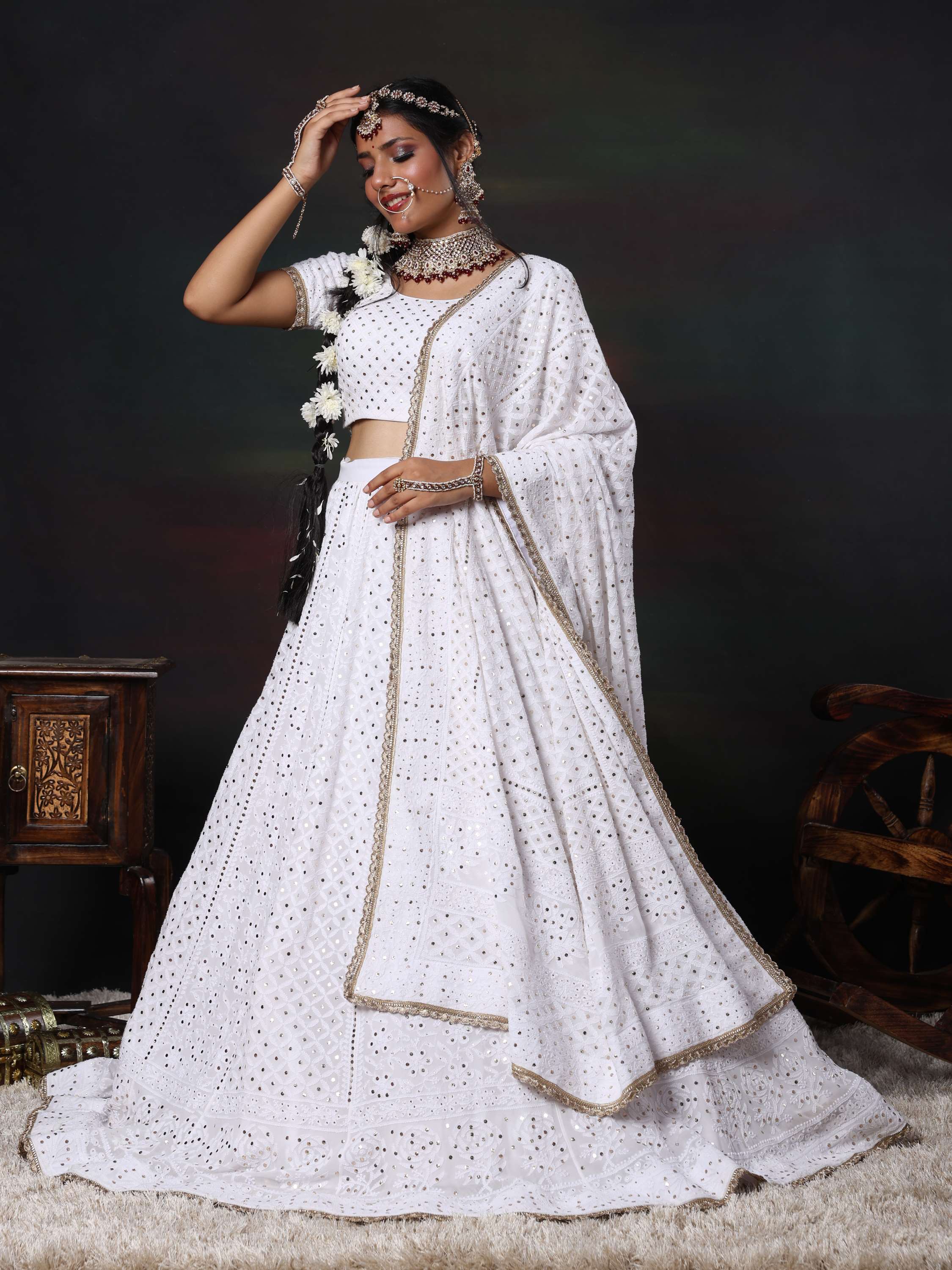White Mukaish & Kamdani Chikankari Lehenga Set