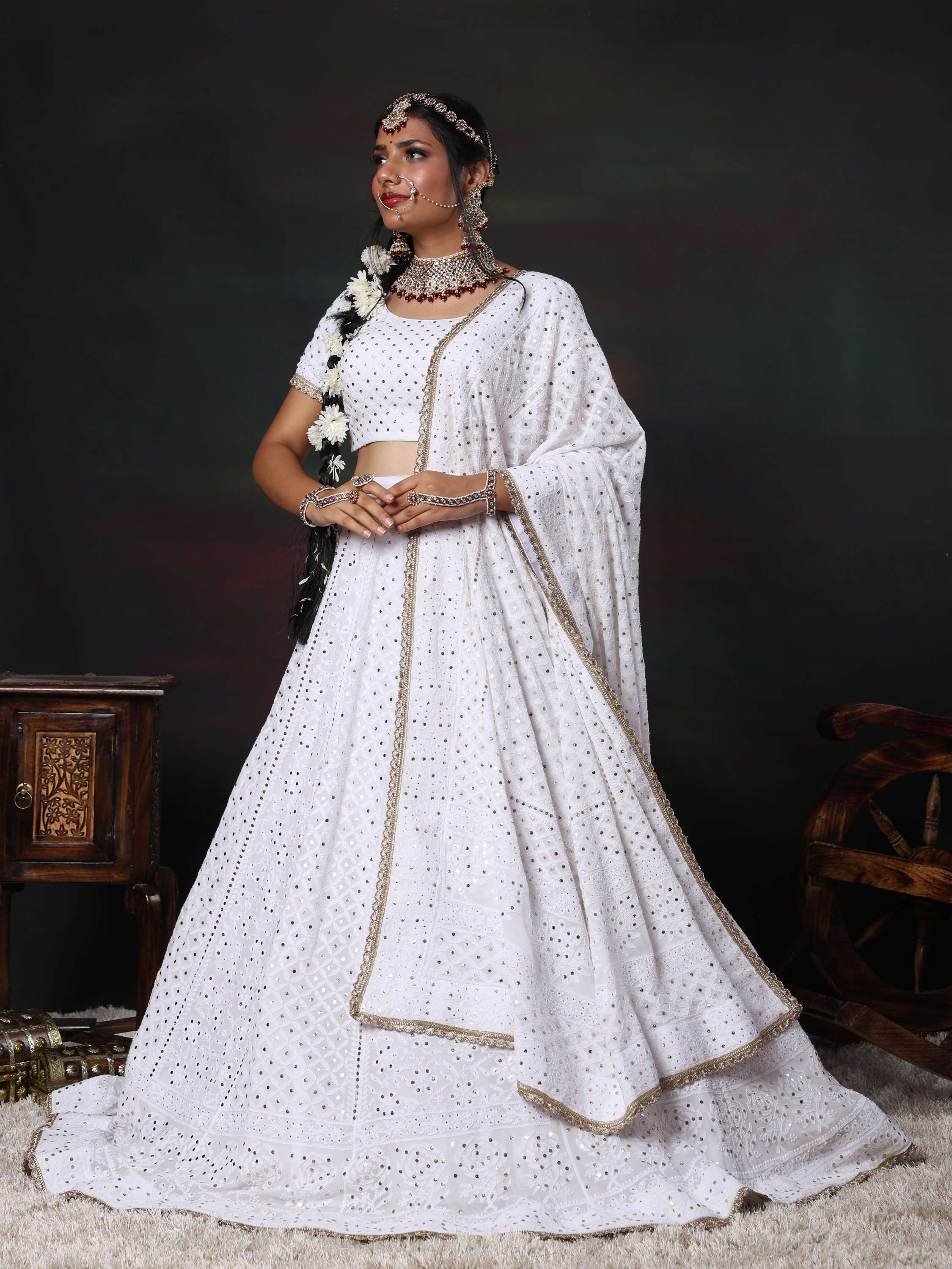 White Mukaish & Kamdani Chikankari Lehenga Set