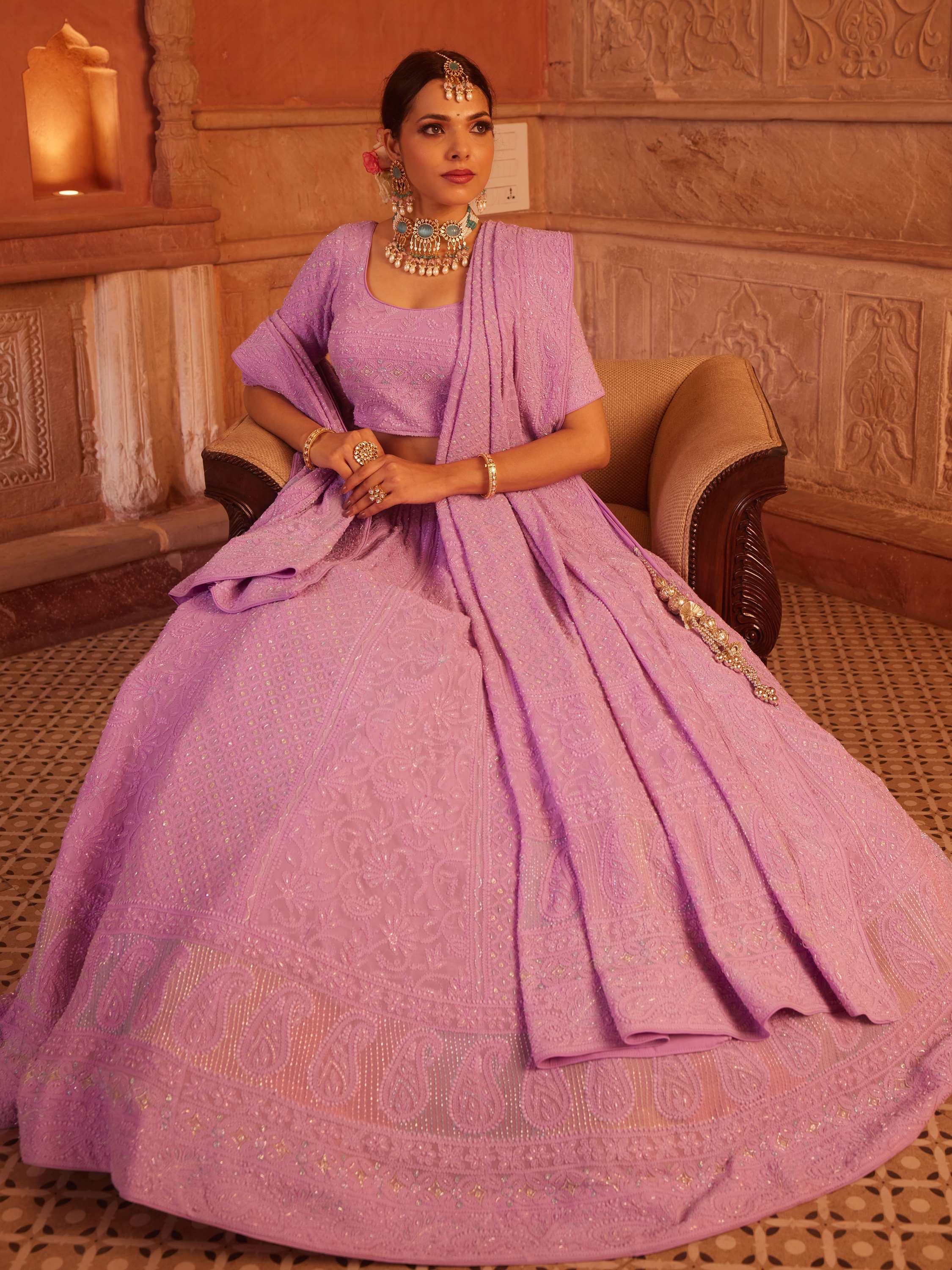 Liliac Handcrafted Chikankari Pearl Lehenga Set
