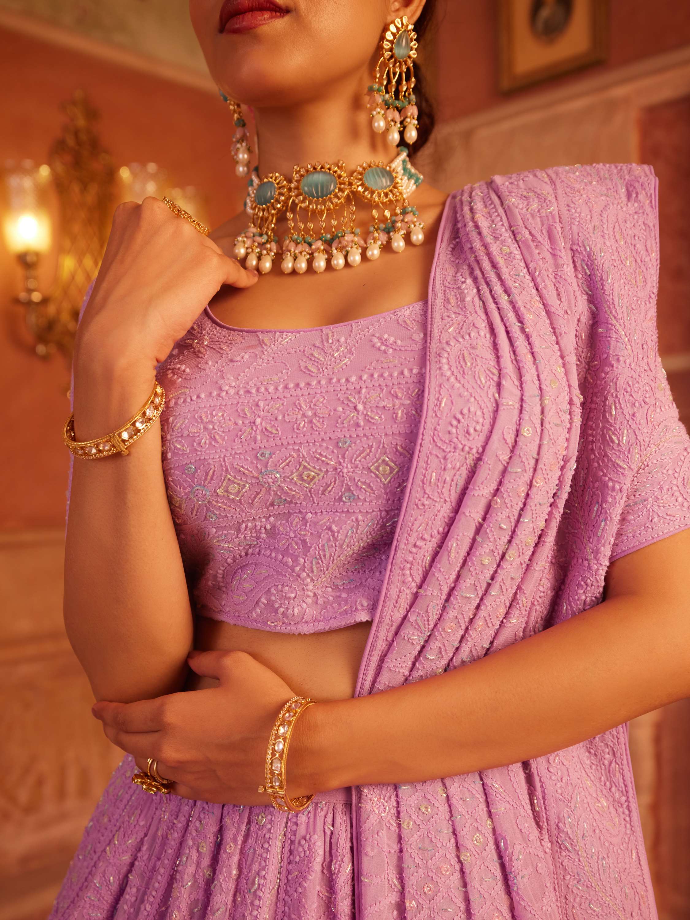 Liliac Handcrafted Chikankari Pearl Lehenga Set