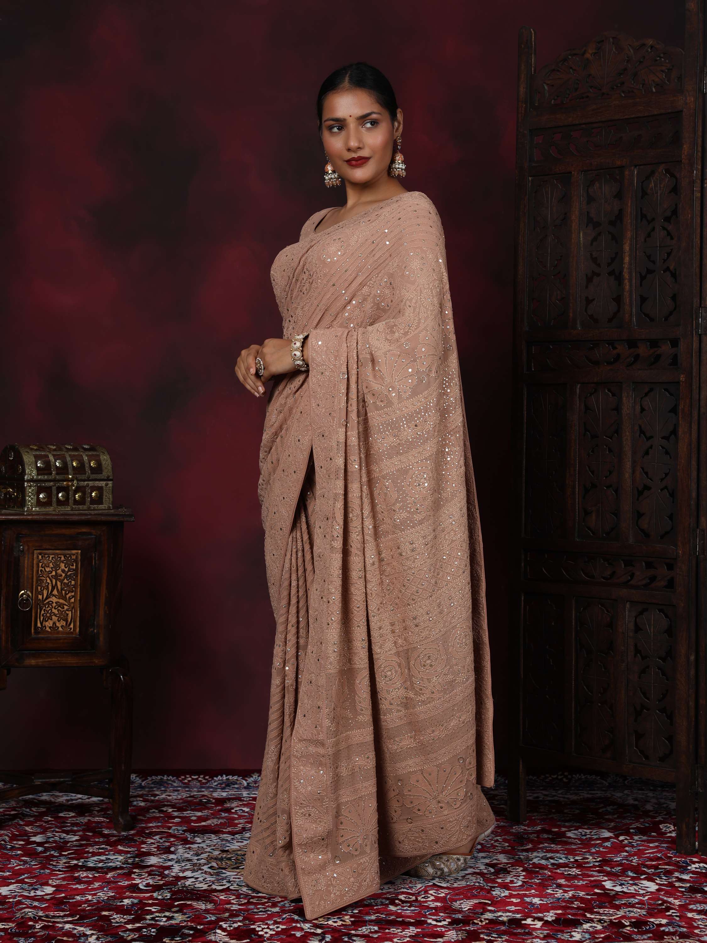 Coffee Mukaish Chikankari Pure Georgette Elegant Saree