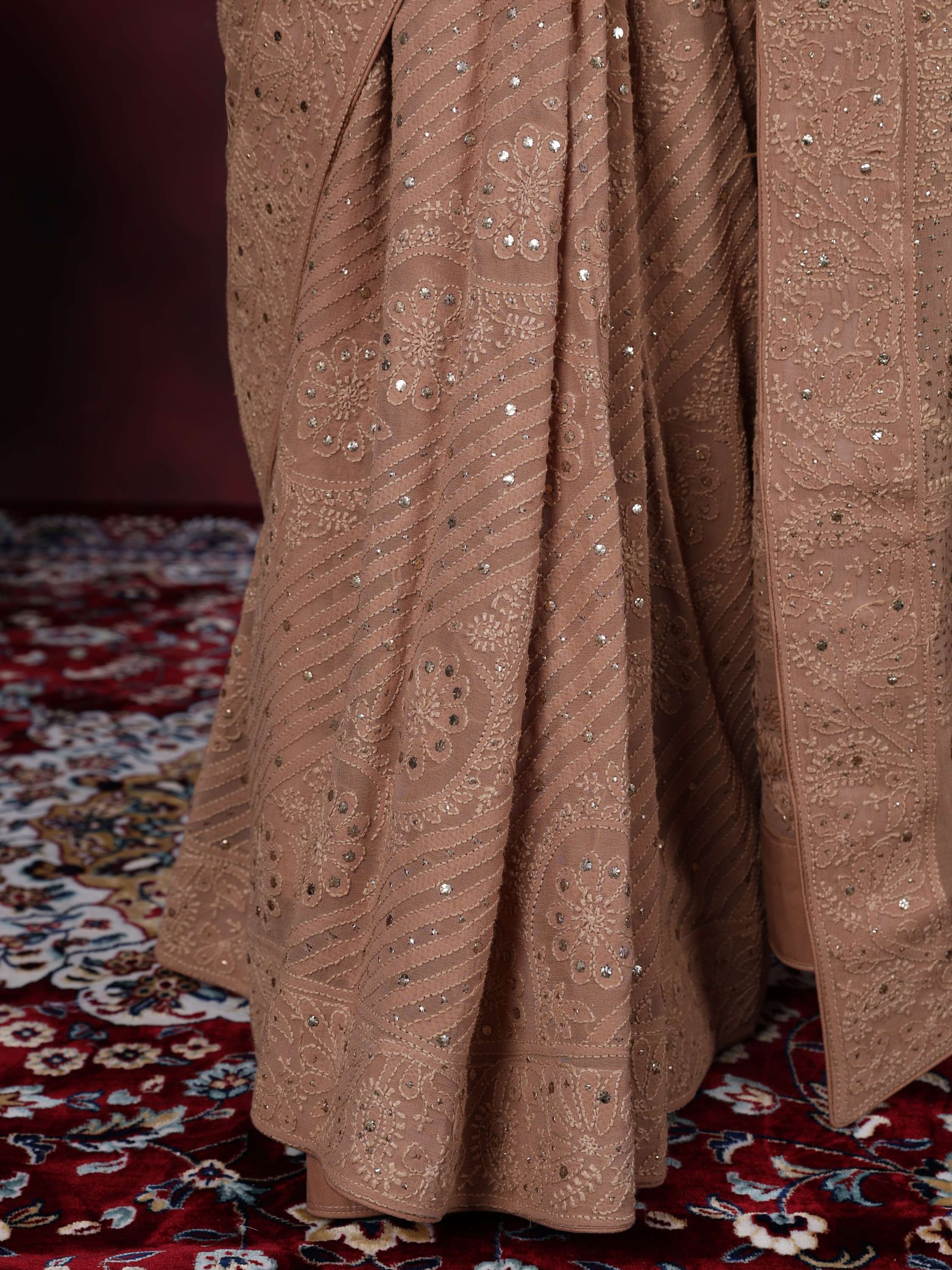 Coffee Mukaish Chikankari Pure Georgette Elegant Saree