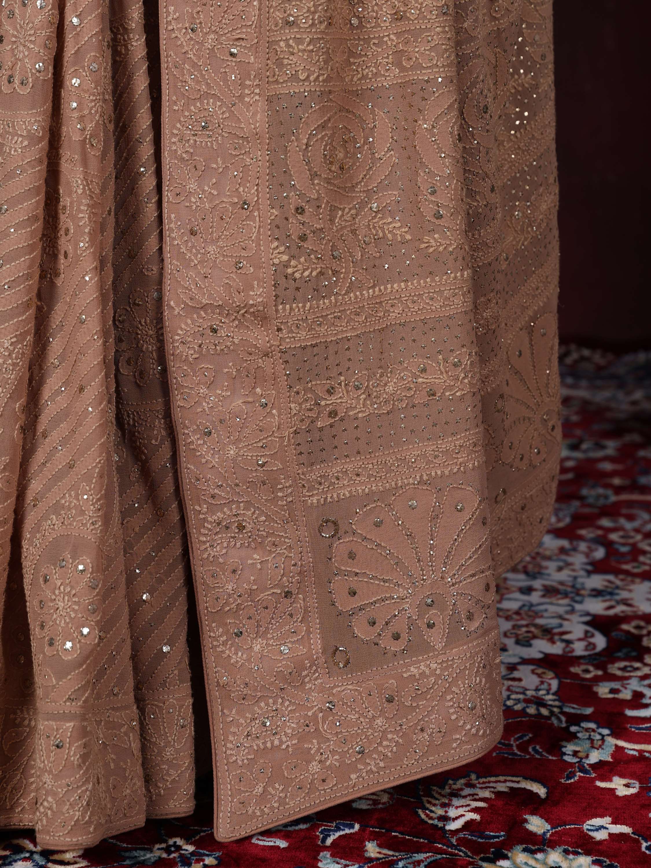 Coffee Mukaish Chikankari Pure Georgette Elegant Saree