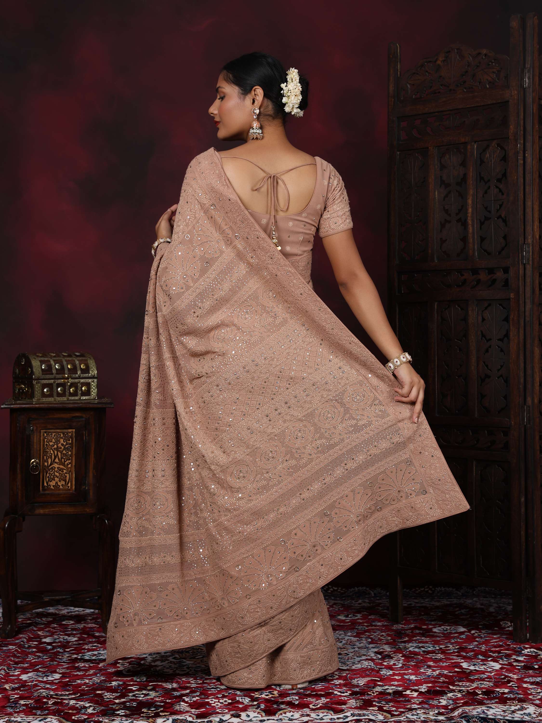 Coffee Mukaish Chikankari Pure Georgette Elegant Saree