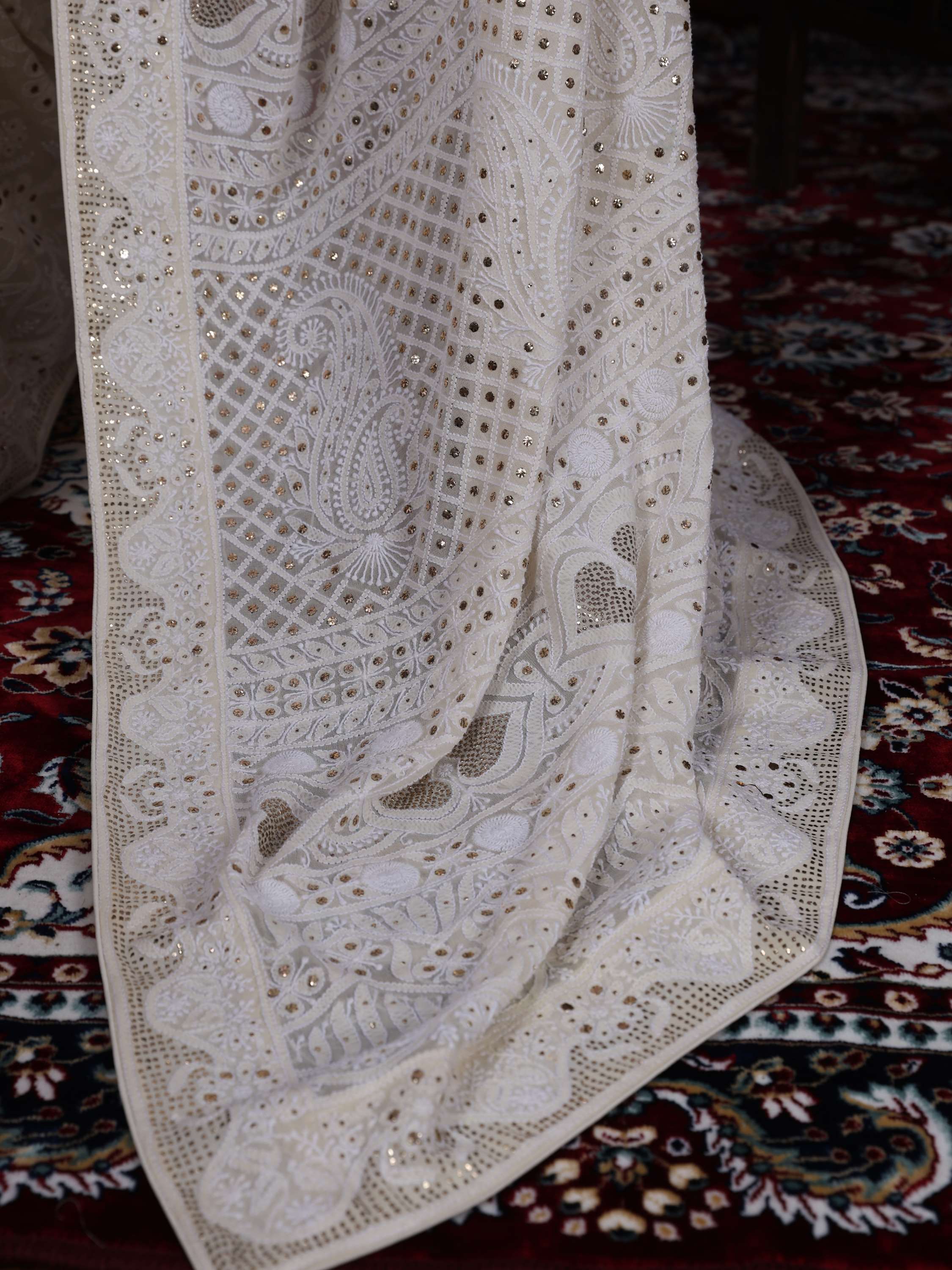 Ivory Pure Georgette Mukaish Chikankari Saree