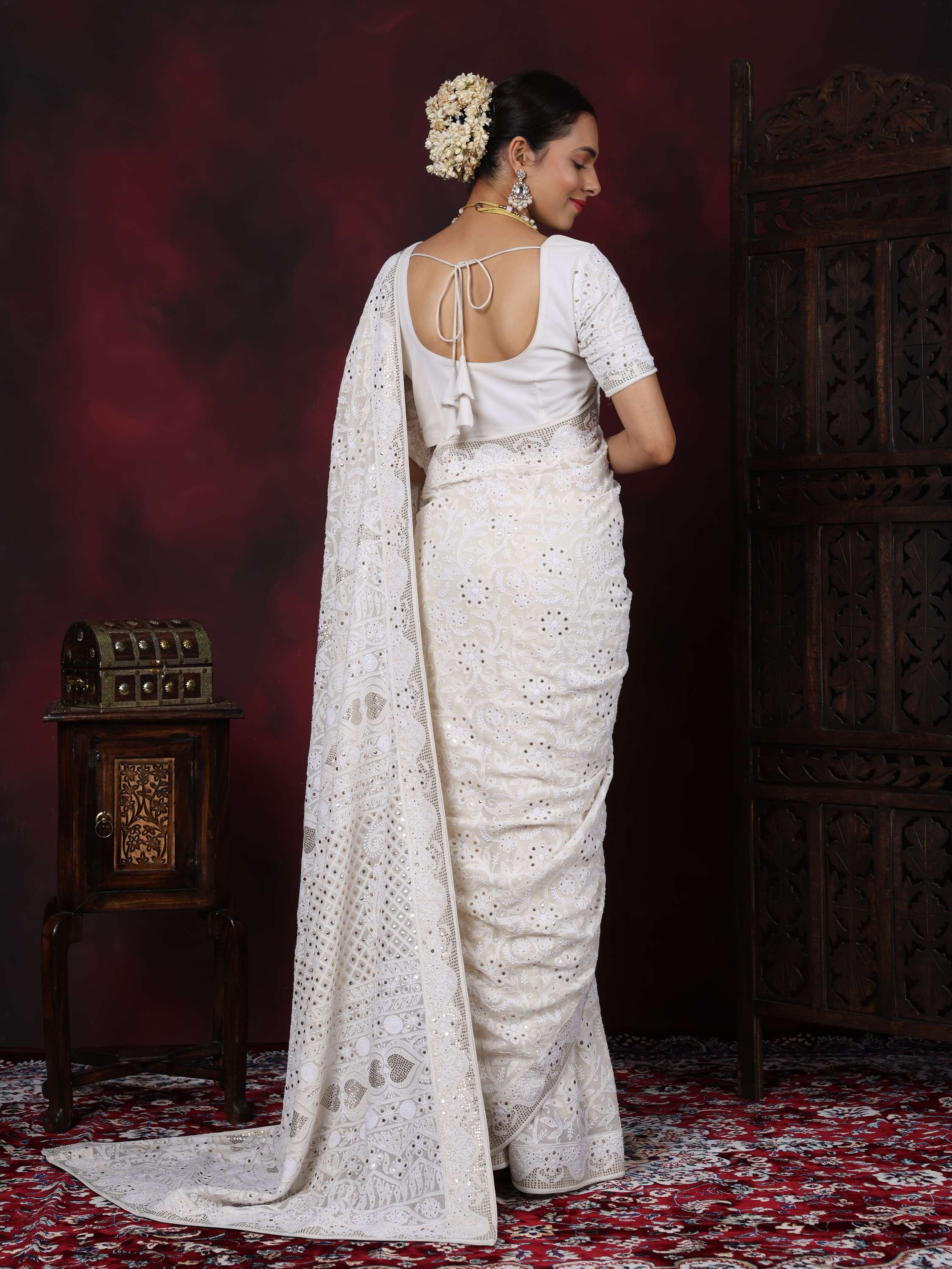 Ivory Pure Georgette Mukaish Chikankari Saree