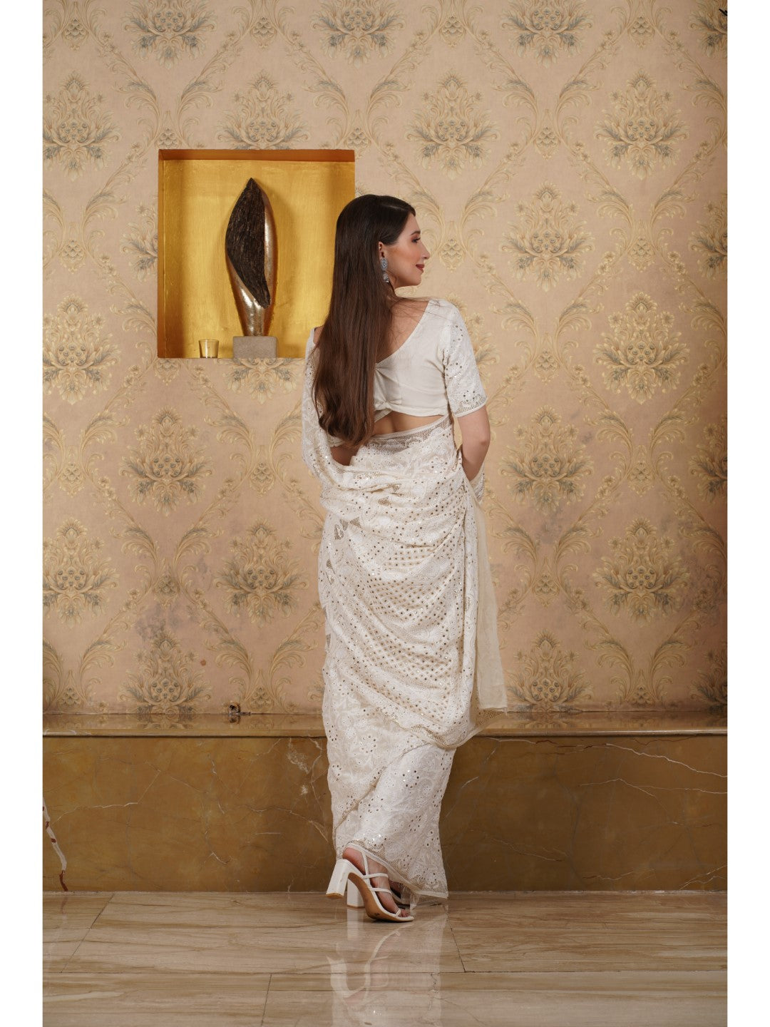Ivory Pure Georgette Mukaish Chikankari Saree