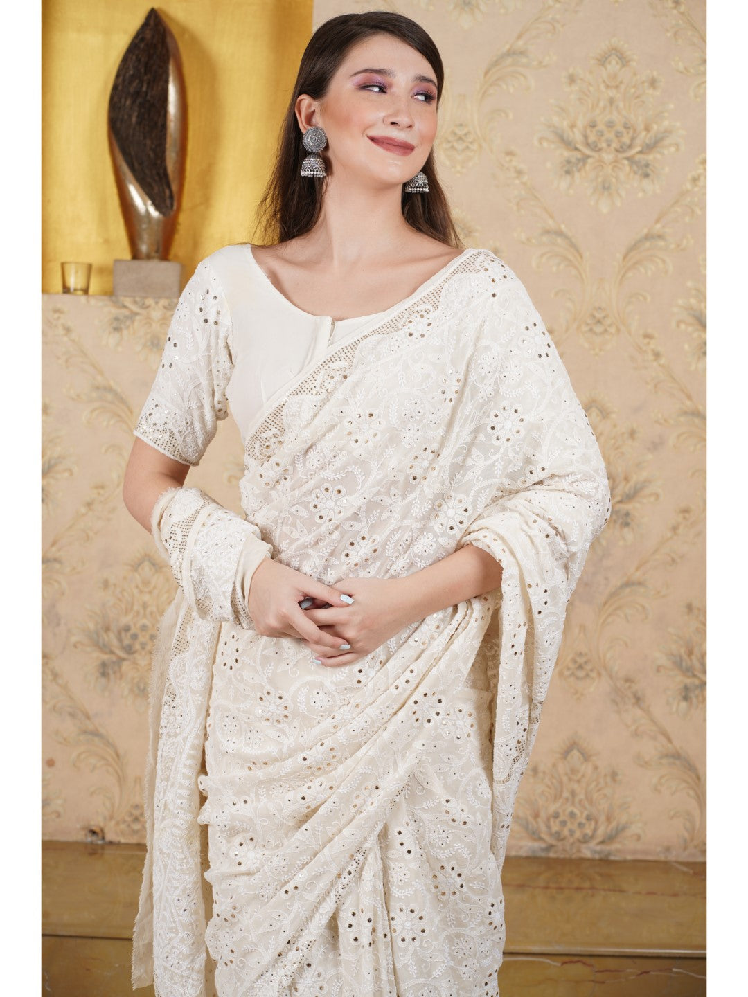 Ivory Pure Georgette Mukaish Chikankari Saree