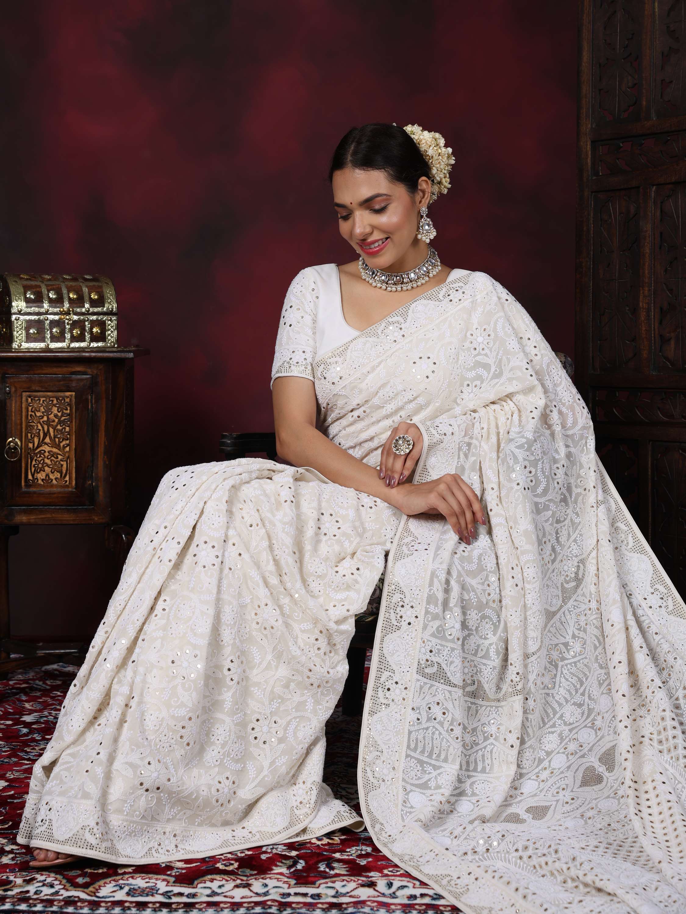 Ivory Pure Georgette Mukaish Chikankari Saree