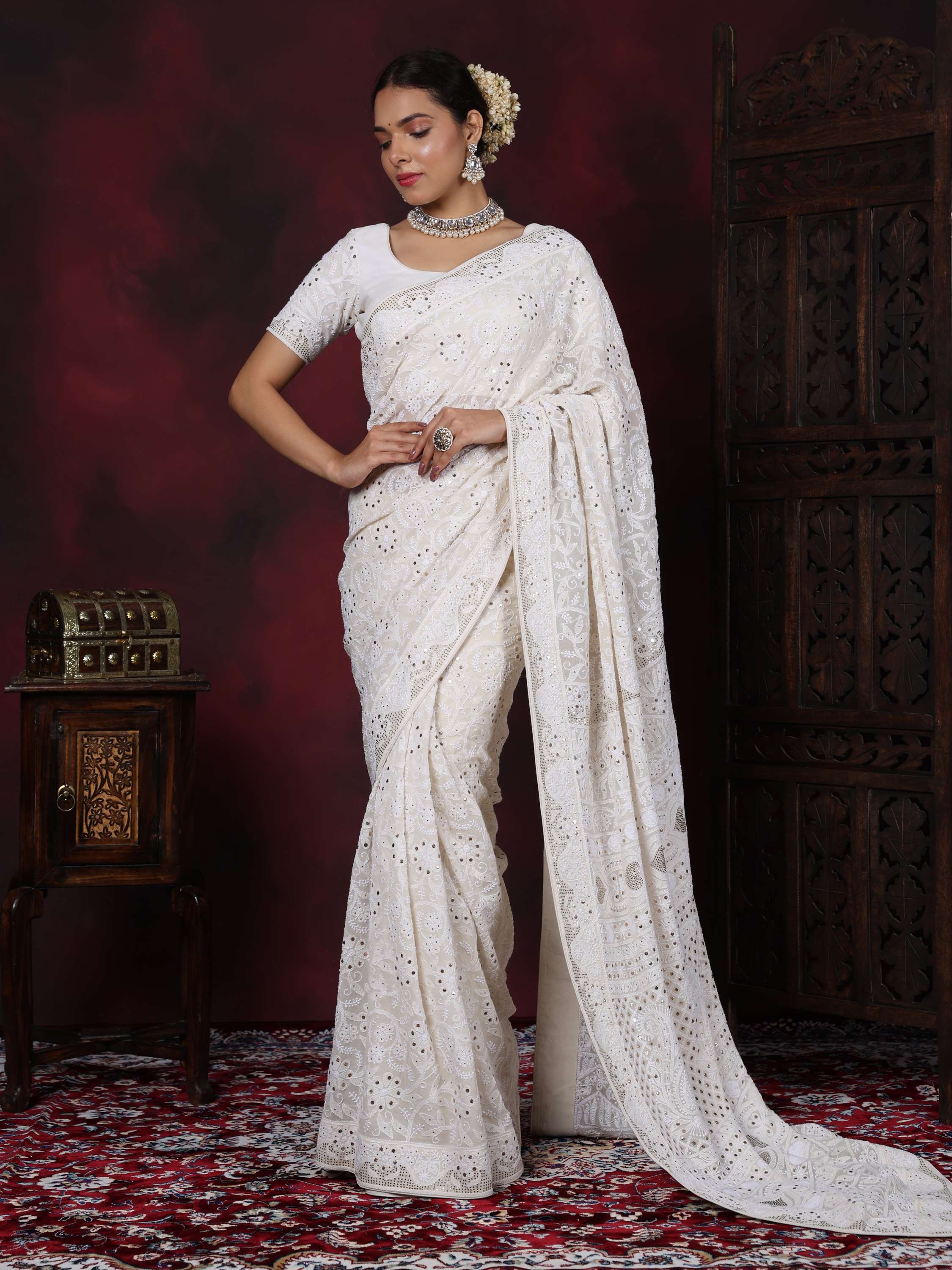 Ivory Pure Georgette Mukaish Chikankari Saree