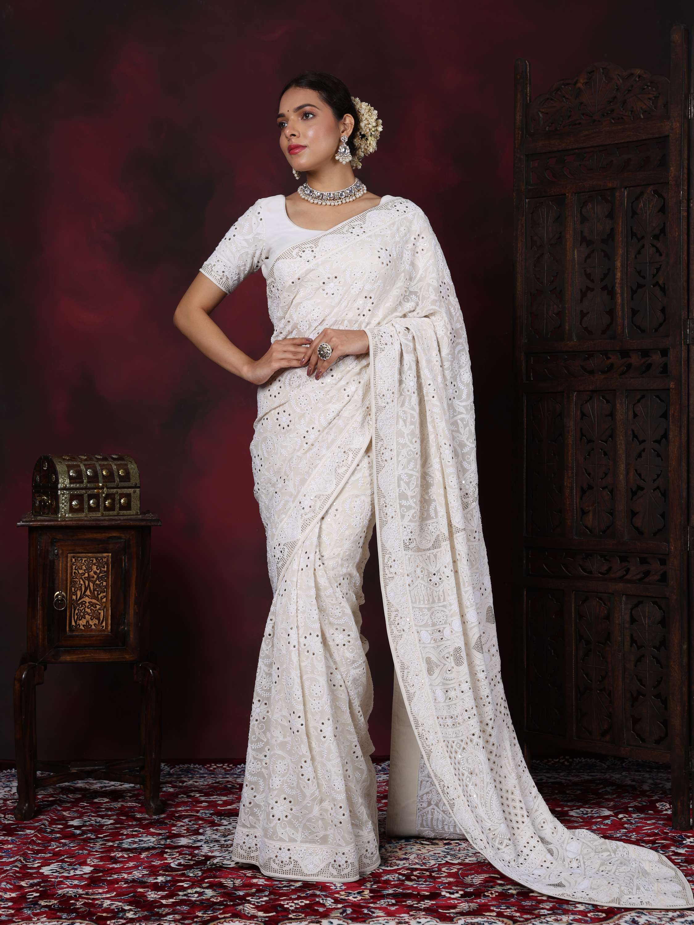 Ivory Pure Georgette Mukaish Chikankari Saree