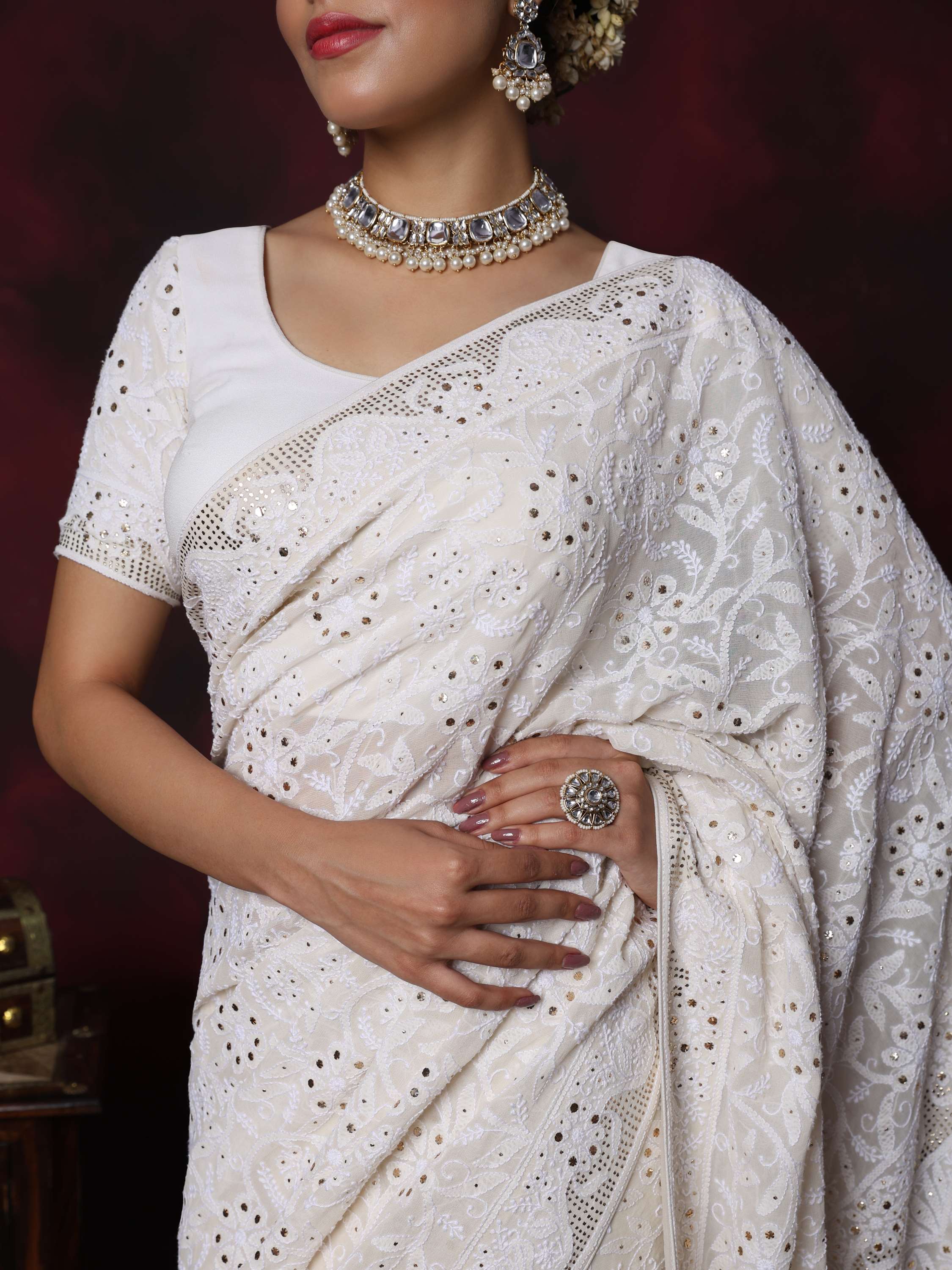 Ivory Pure Georgette Mukaish Chikankari Saree