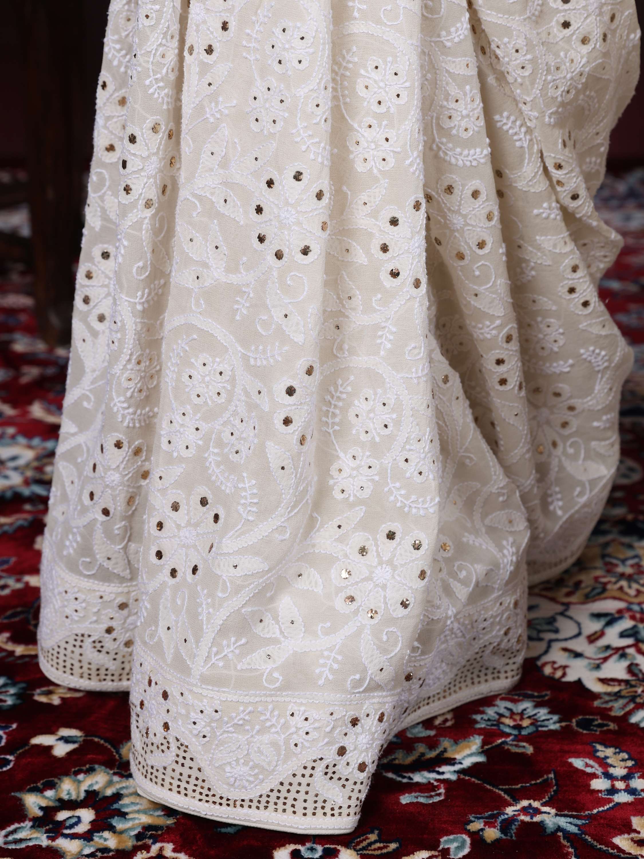 Ivory Pure Georgette Mukaish Chikankari Saree