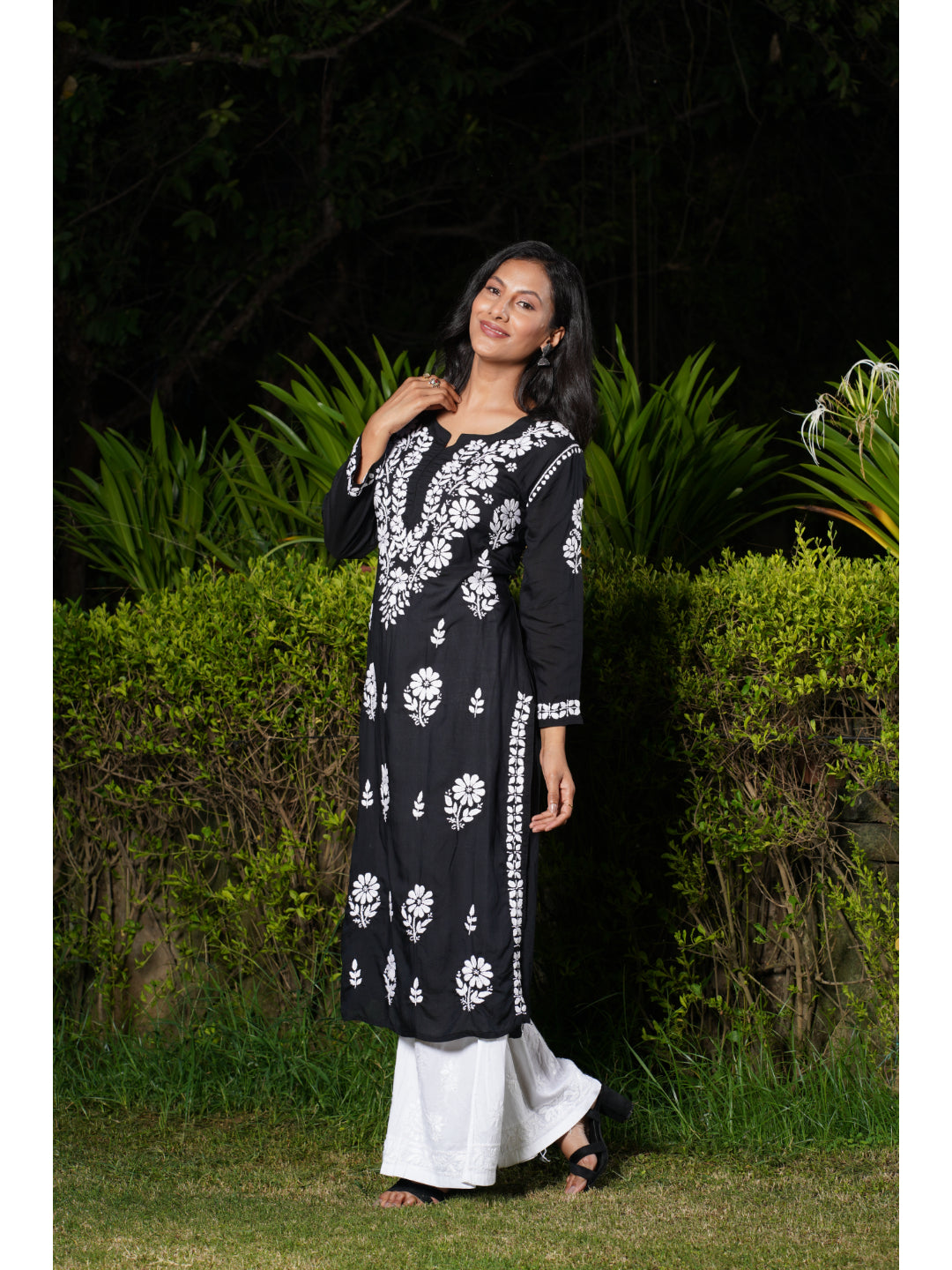 Saadgi hand embroidered chikankari black modal kurti set with palazzo-option of only kurta also available