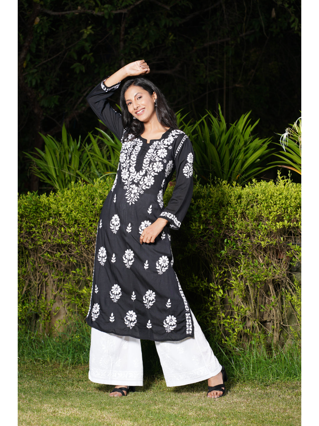 Saadgi hand embroidered chikankari black modal kurti set with palazzo-option of only kurta also available