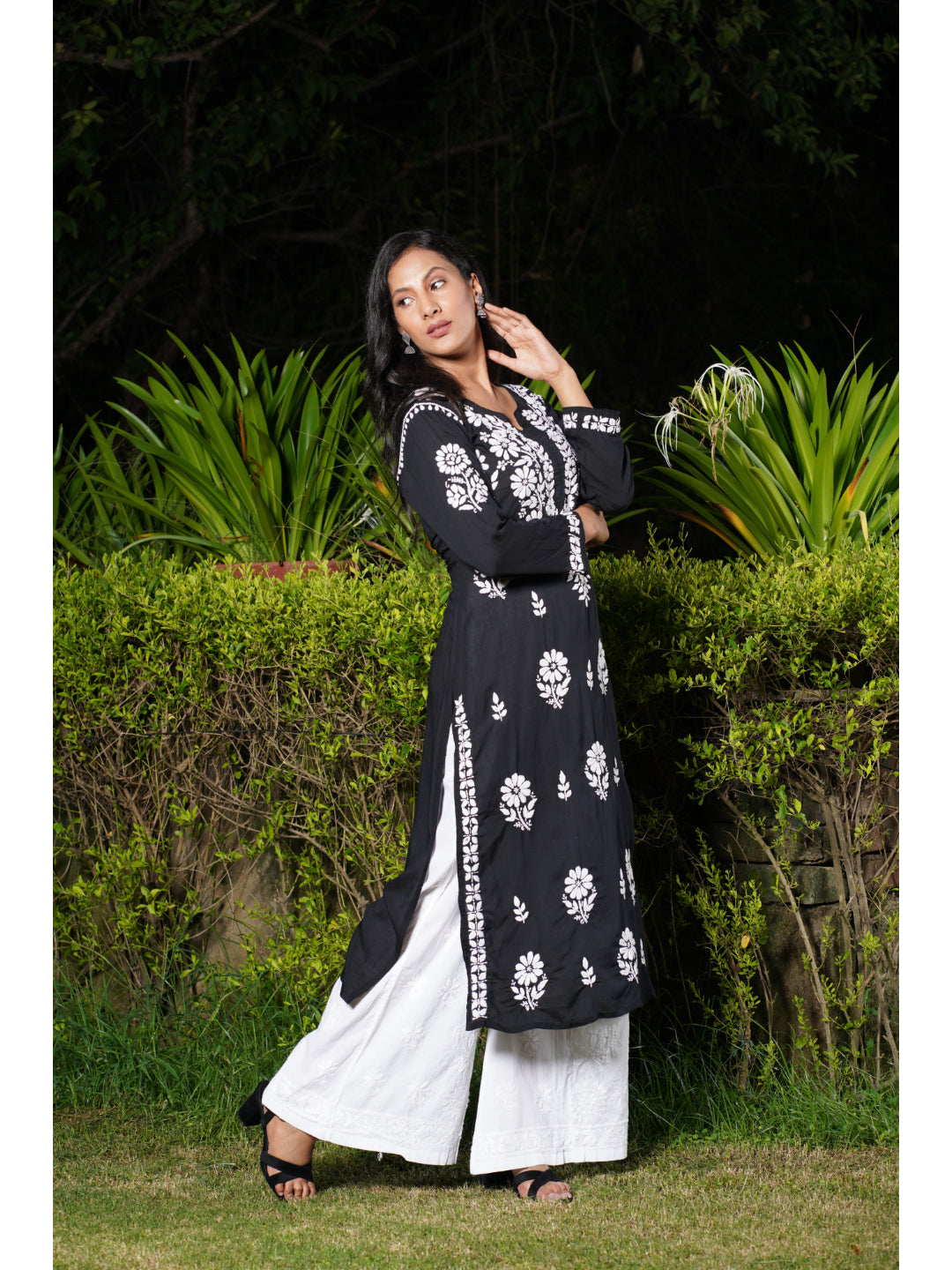 Saadgi hand embroidered chikankari black modal kurti set with palazzo-option of only kurta also available