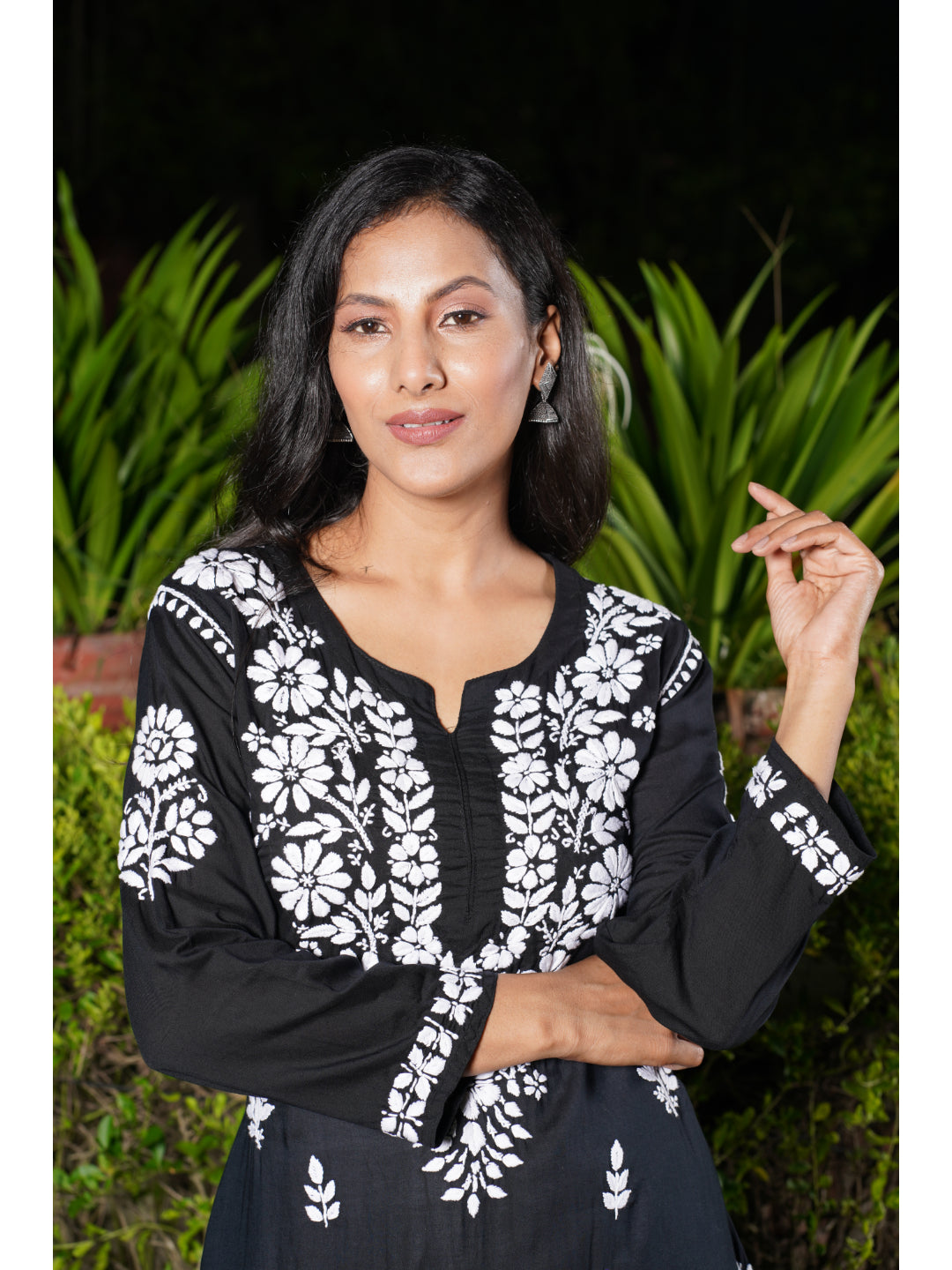 Saadgi hand embroidered chikankari black modal kurti set with palazzo-option of only kurta also available