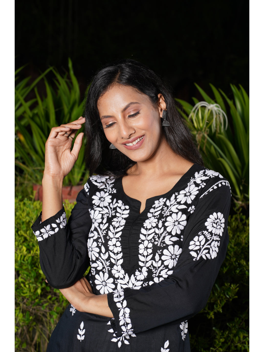 Saadgi hand embroidered chikankari black modal kurti set with palazzo-option of only kurta also available