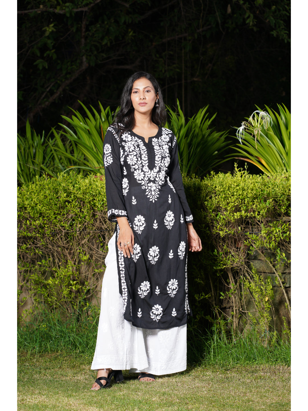Saadgi hand embroidered chikankari black modal kurti set with palazzo-option of only kurta also available