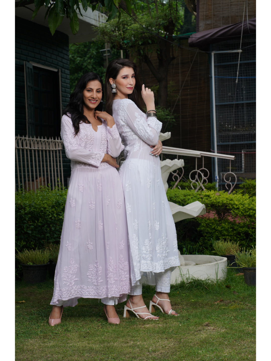 Saadgi hand embroidered chikankari pure crape White gown kurta set