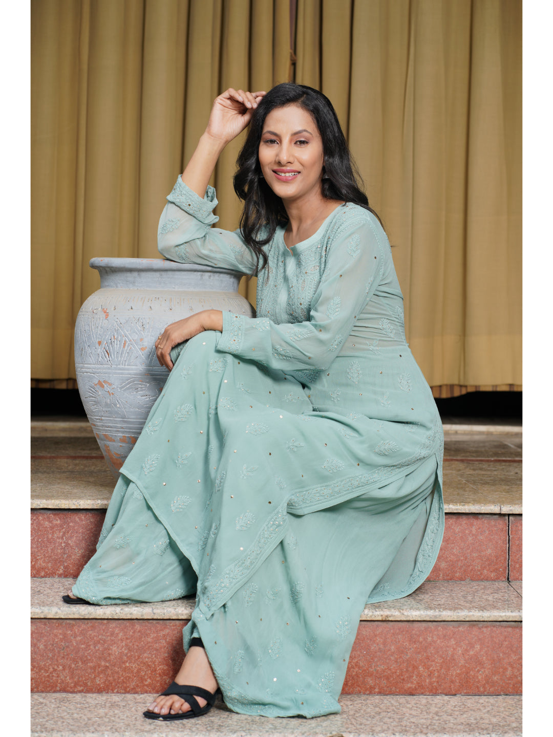 Saadgi hand embroidered chikankari pine green Mukaish rings work kurta with palazzo