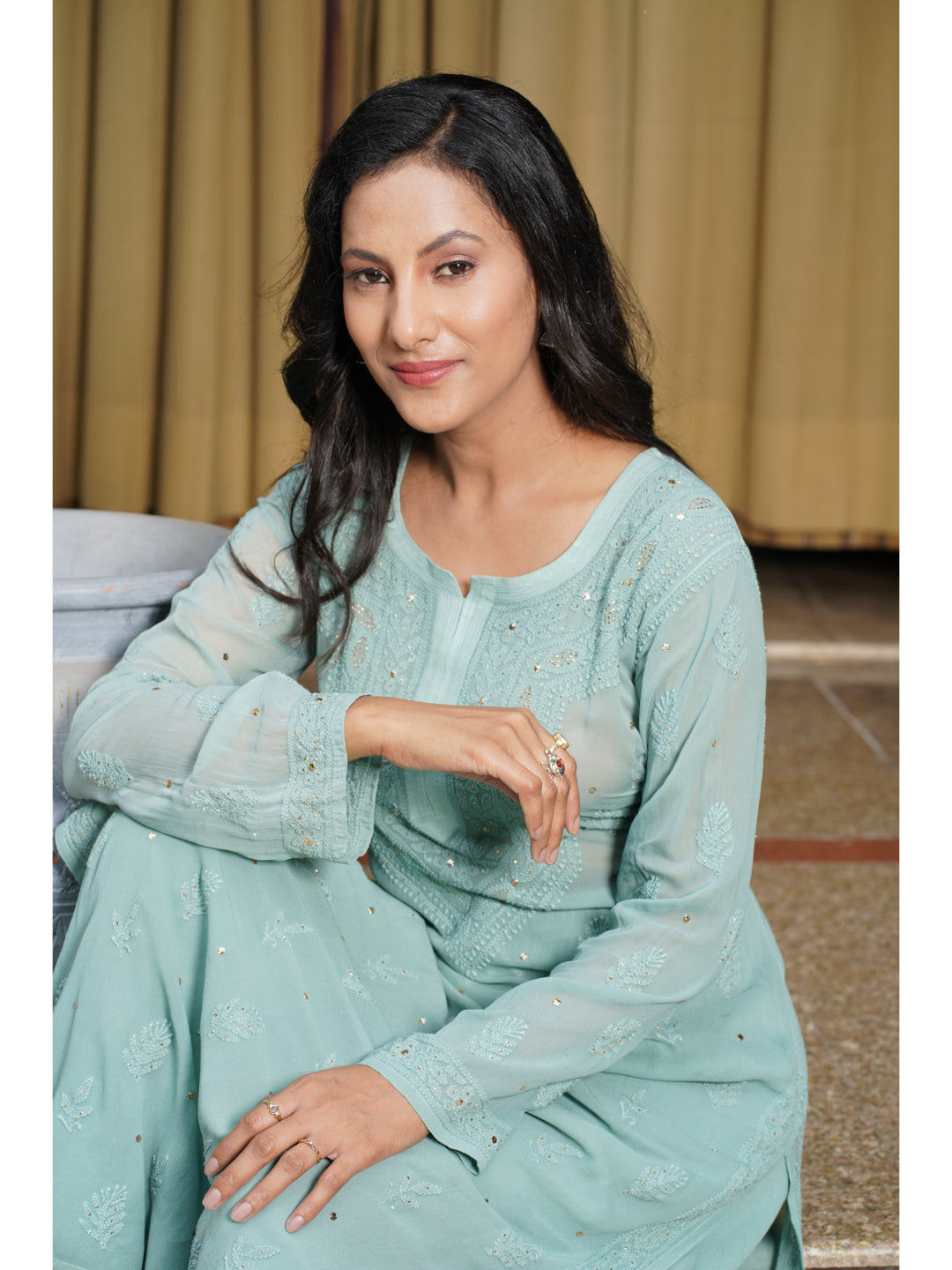 Saadgi hand embroidered chikankari pine green Mukaish rings work kurta with palazzo