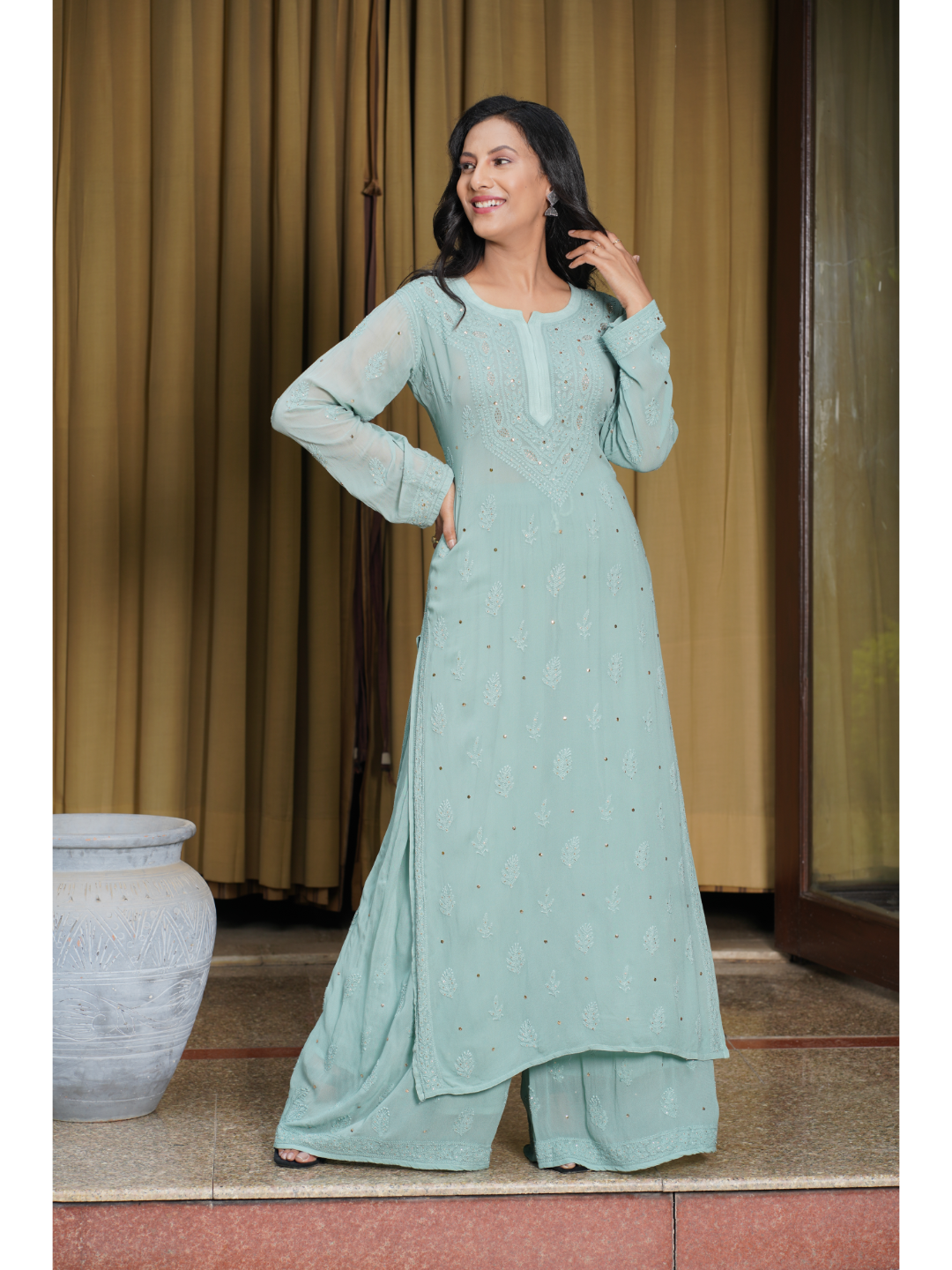Saadgi hand embroidered chikankari pine green Mukaish rings work kurta with palazzo