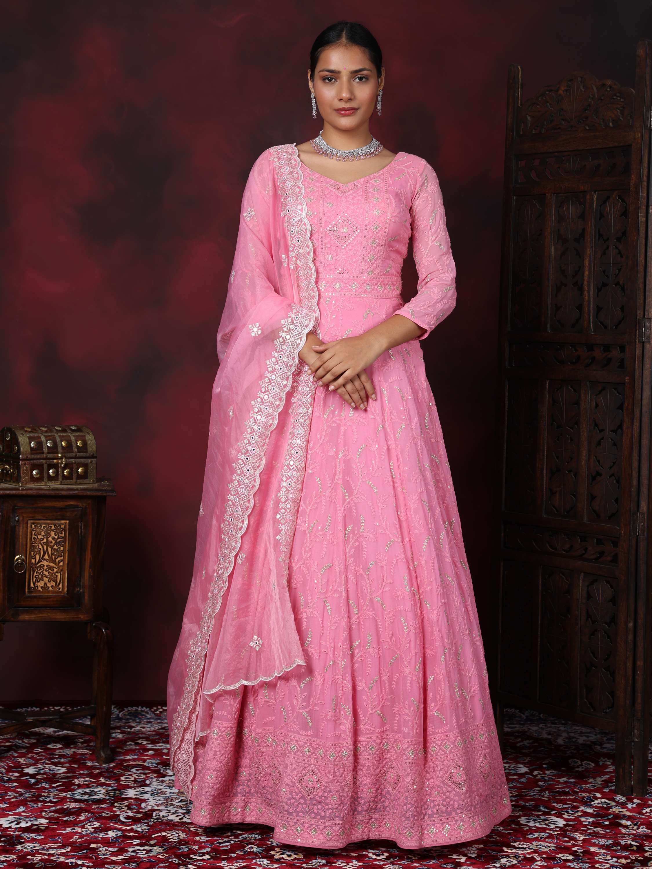 Light Pink Embroidered Zardozi Work Chikan Anarkali Suit