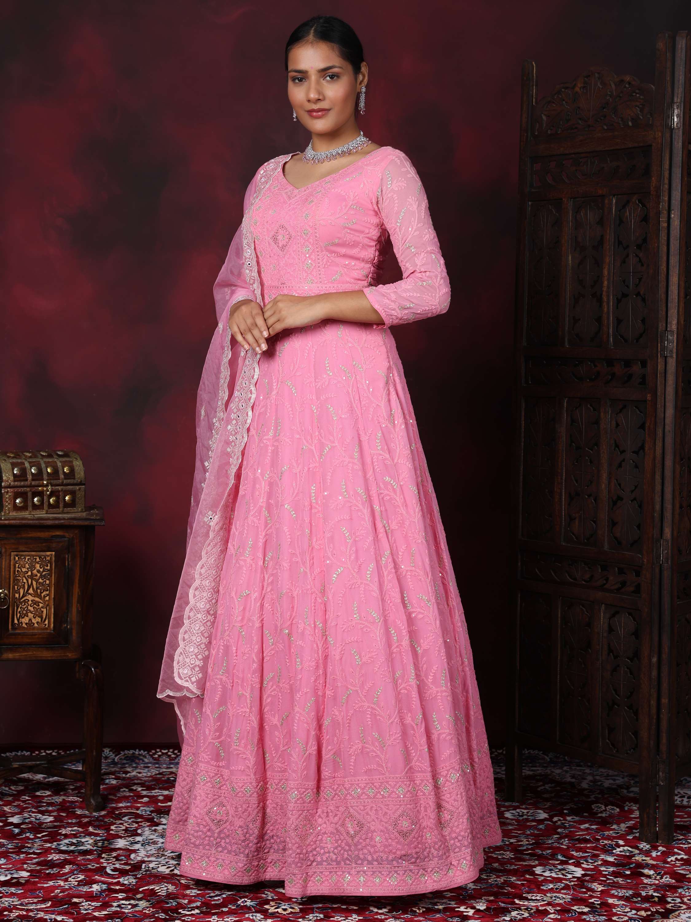 Light Pink Embroidered Zardozi Work Chikan Anarkali Suit