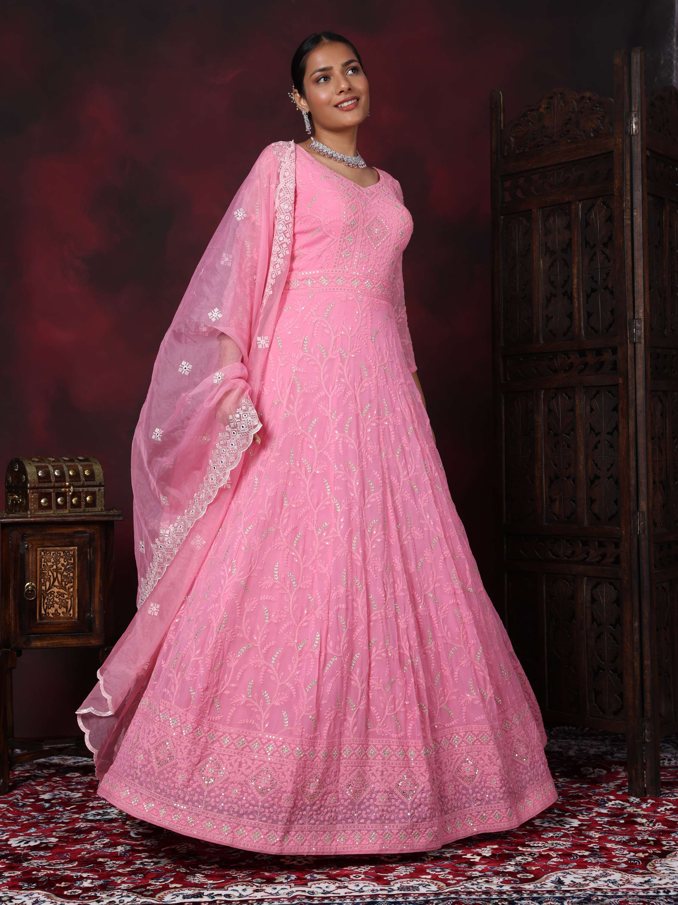 Light Pink Embroidered Zardozi Work Chikan Anarkali Suit