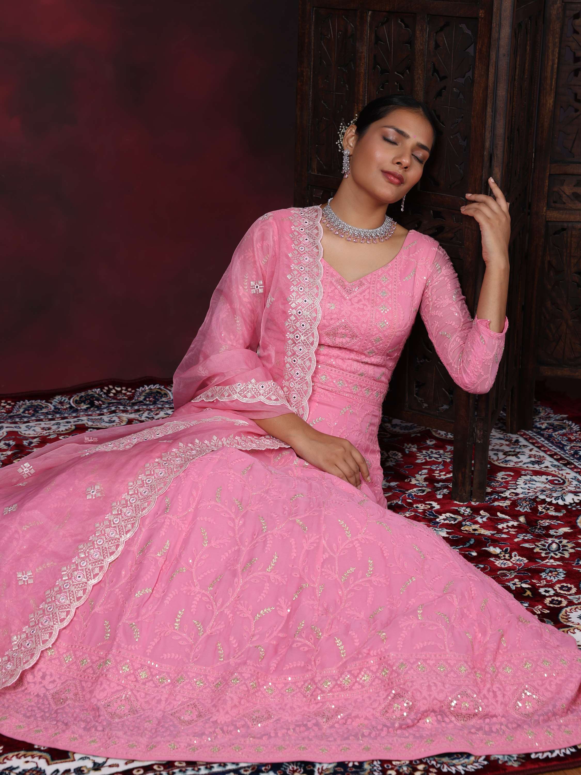 Light Pink Embroidered Zardozi Work Chikan Anarkali Suit