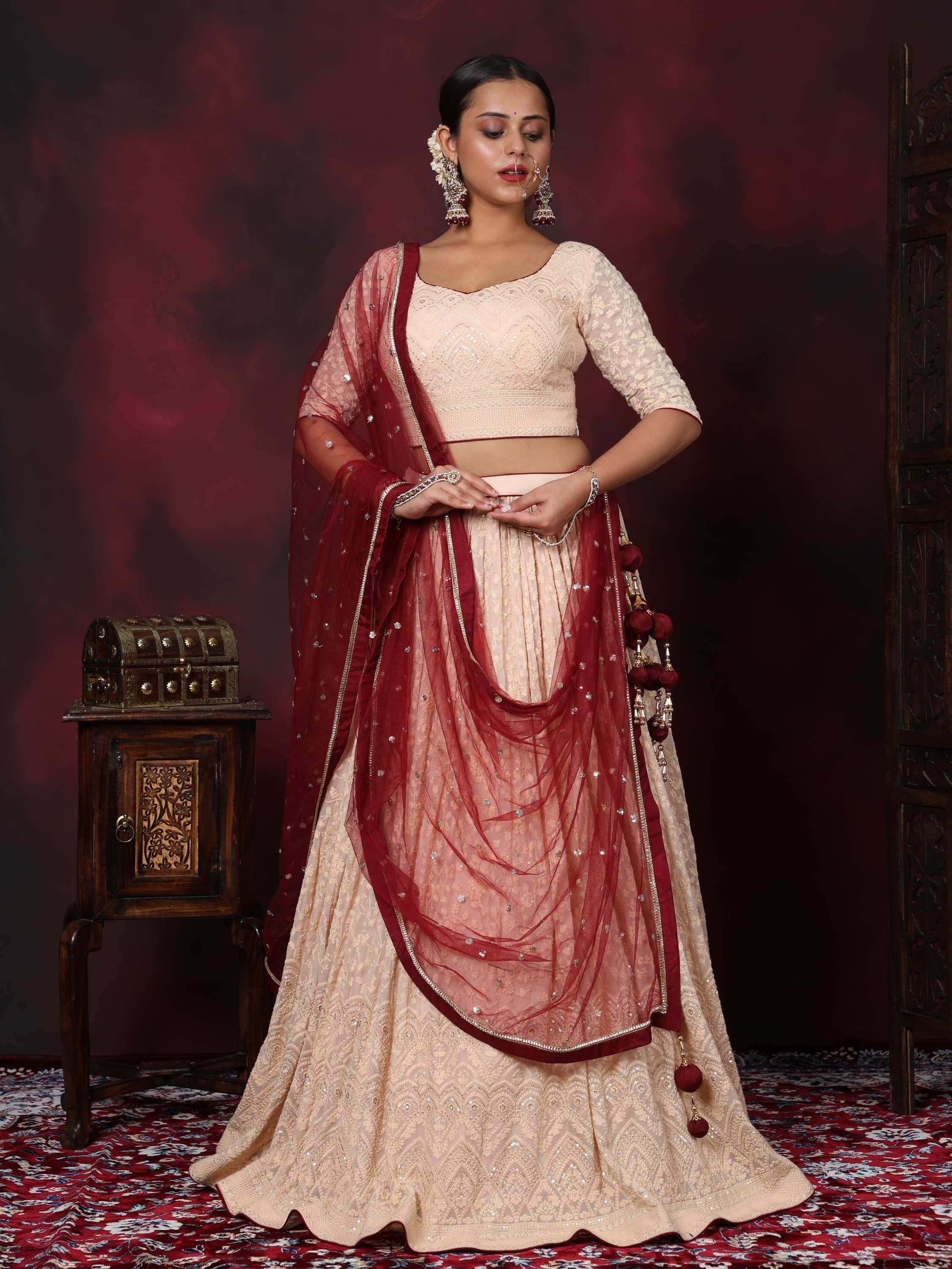 Beige & Maroon Embroidered Lehenga Set